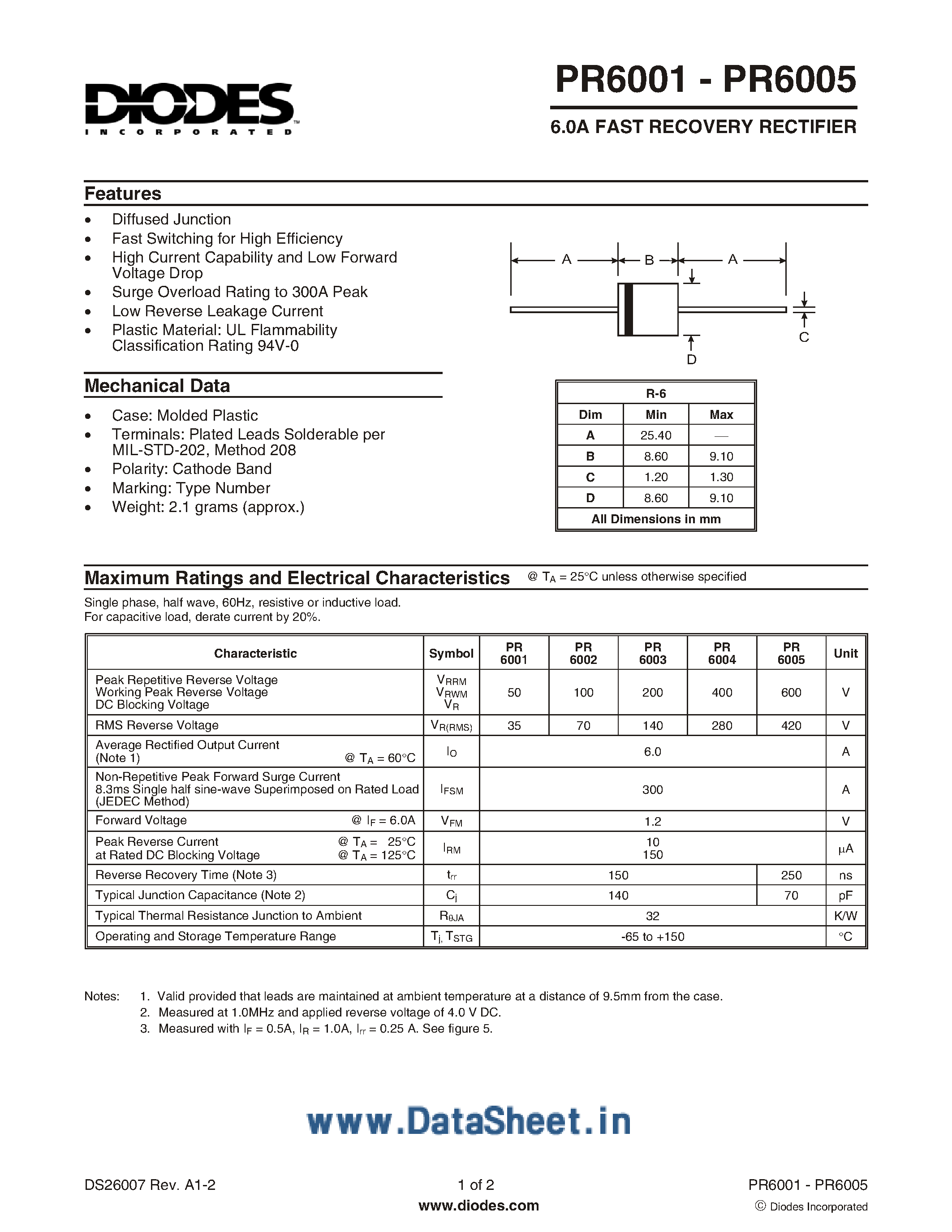 Datasheet PR6001 - (PR6001 - PR6005) 6 Amps Fast Recovery Rectifiers page 1