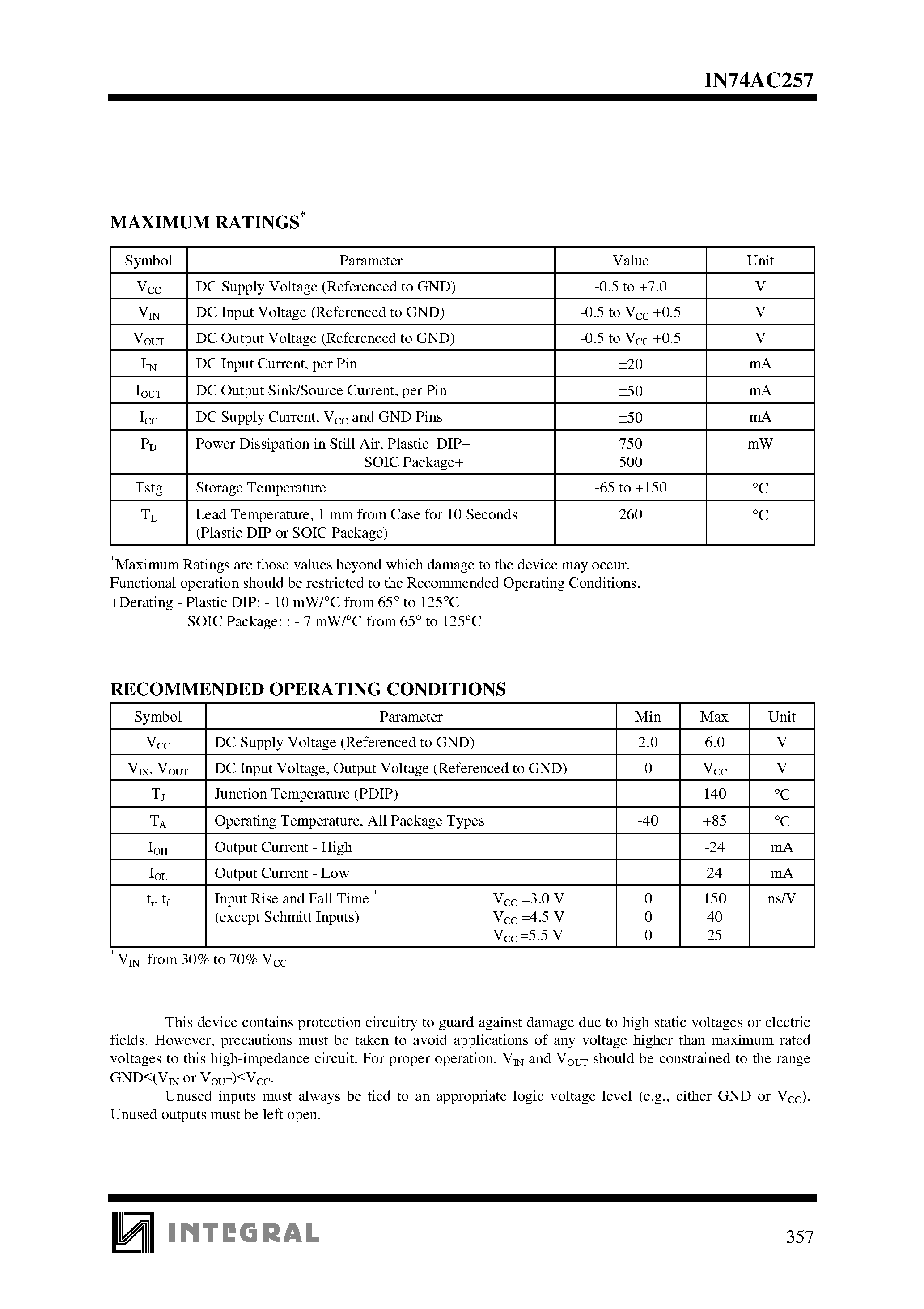 Datasheet IN74AC257 - Quad 2-Input Date Selector/Multiplexer with 3-State Outputs High-Speed Silicon-Gate CMOS page 2