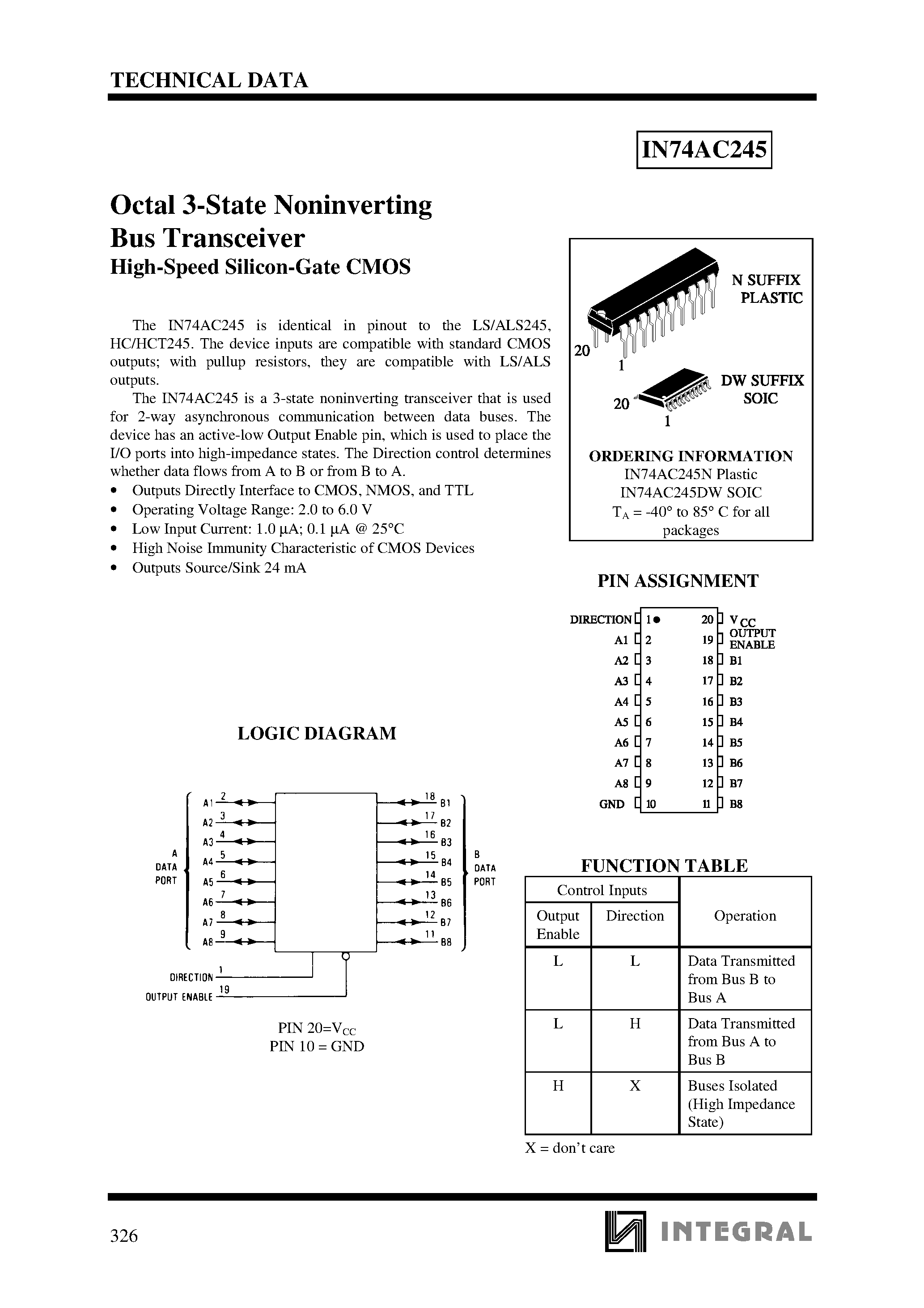 Datasheet IN74AC245 - Octal 3-State Noninverting Bus Transceiver High-Speed Silicon-Gate CMOS page 1