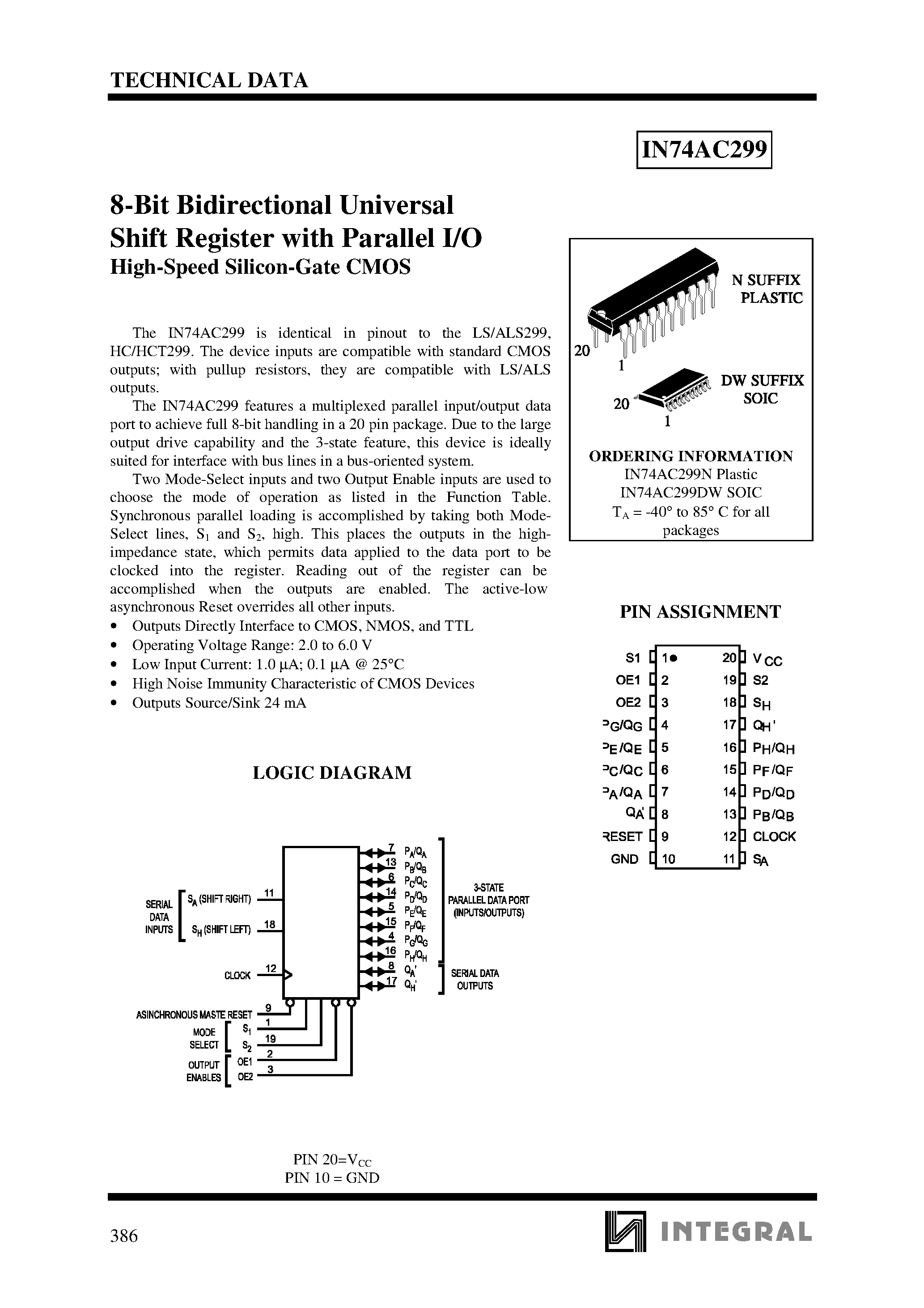 Datasheet IN74AC299 - 8-Bit Bidirectional Universal Shift Register with Parallel I/O High-Speed Silicon-Gate CMOS page 1