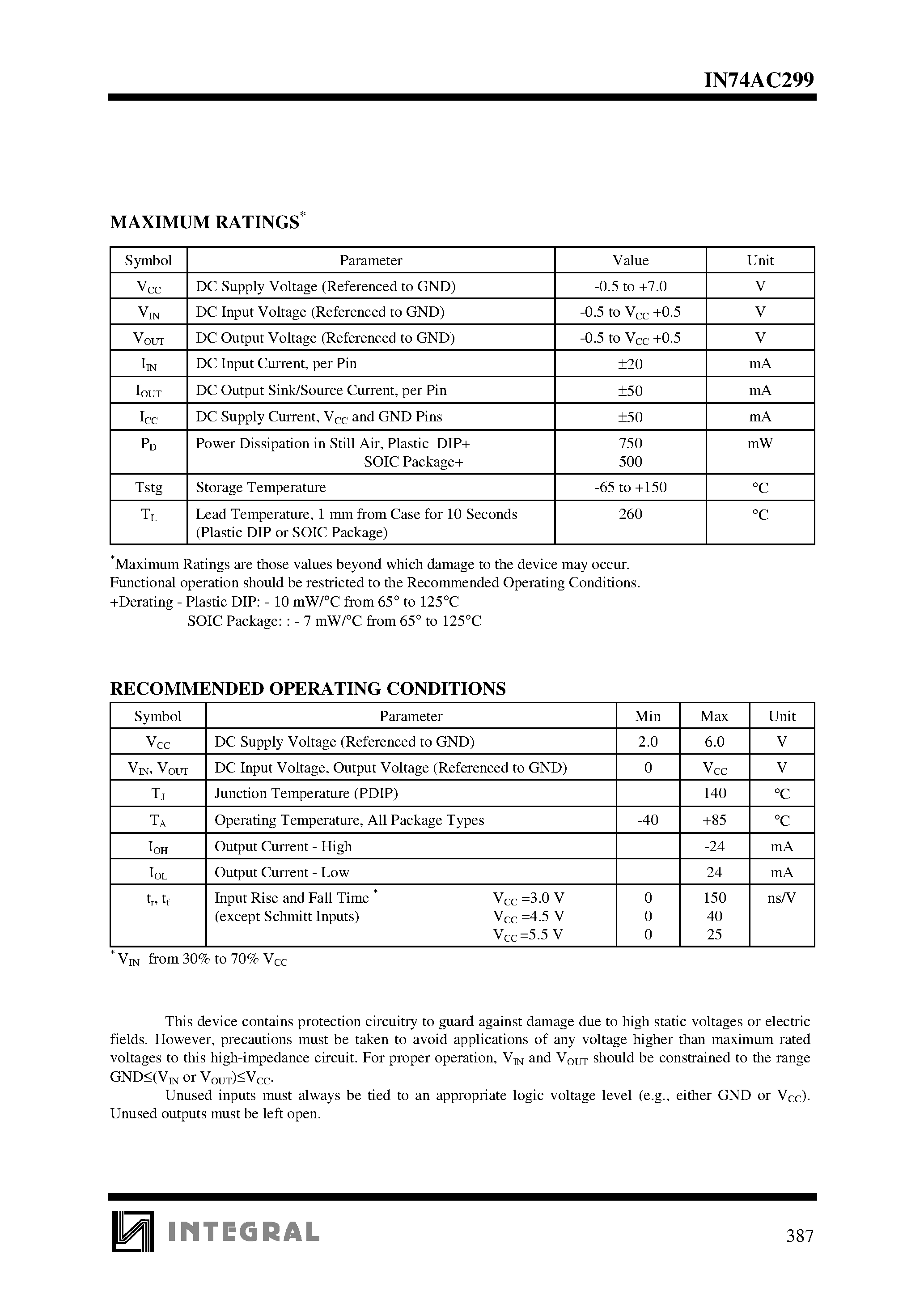 Datasheet IN74AC299 - 8-Bit Bidirectional Universal Shift Register with Parallel I/O High-Speed Silicon-Gate CMOS page 2