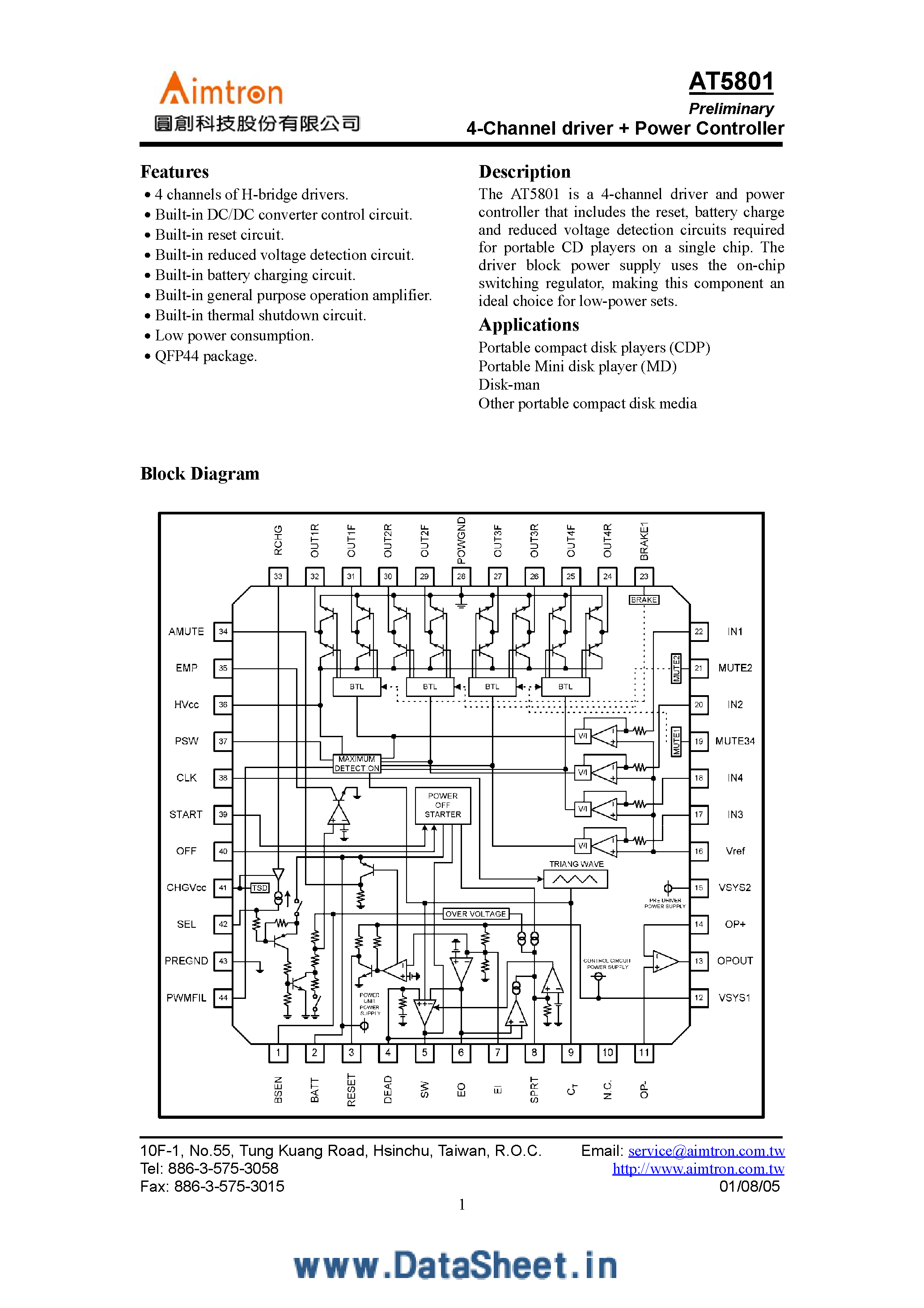 Datasheet AT5801 - 4-Channel Driver + Power Controller page 1