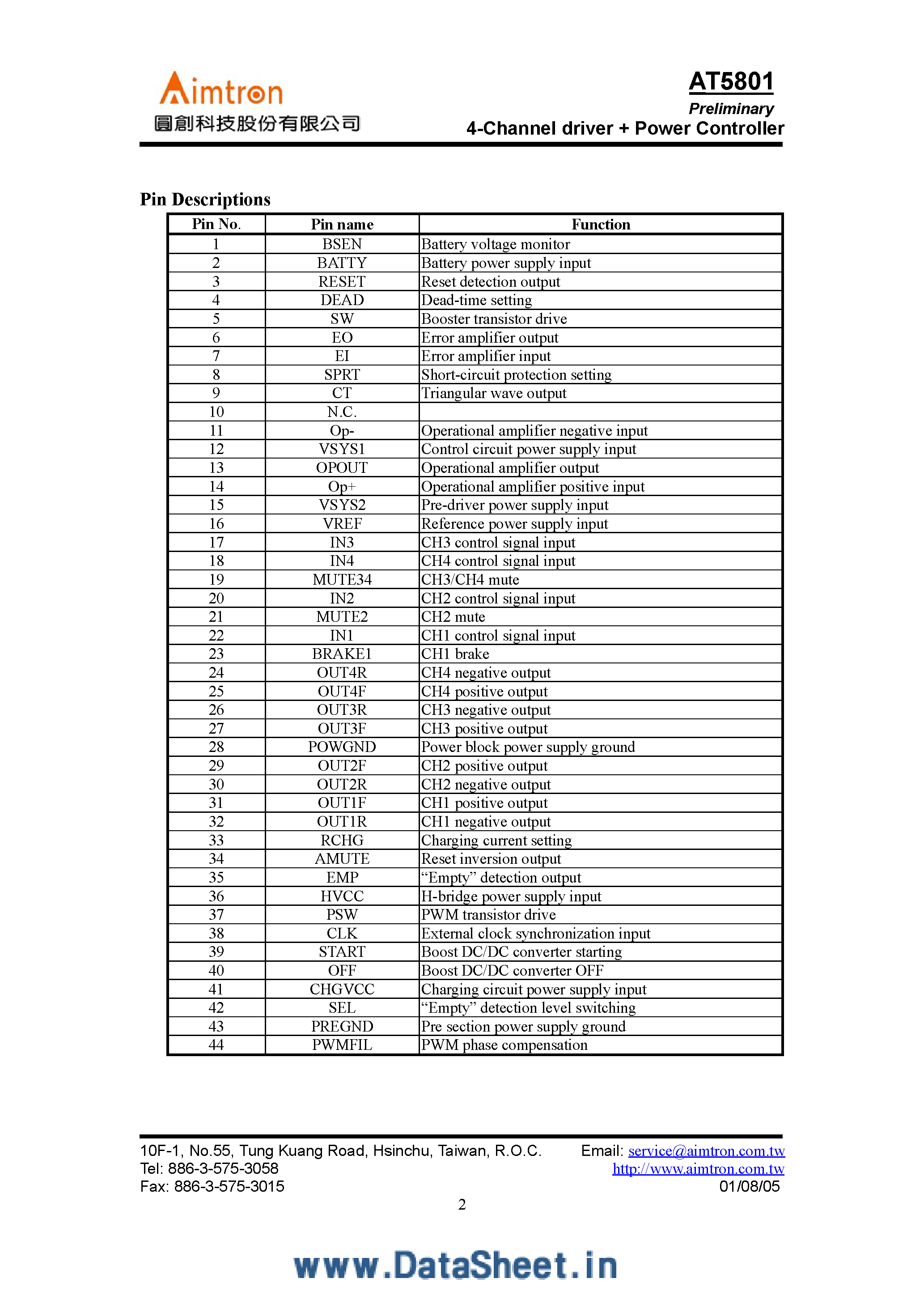 Datasheet AT5801 - 4-Channel Driver + Power Controller page 2