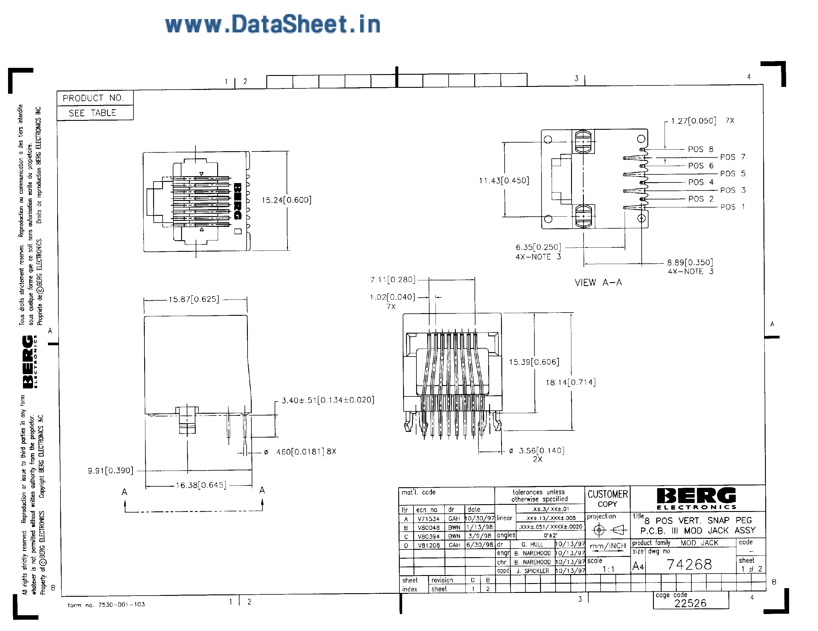 Datasheet 74268 page 1 Datasheet 74268 - Telecom Modular / PCB Mount page 1