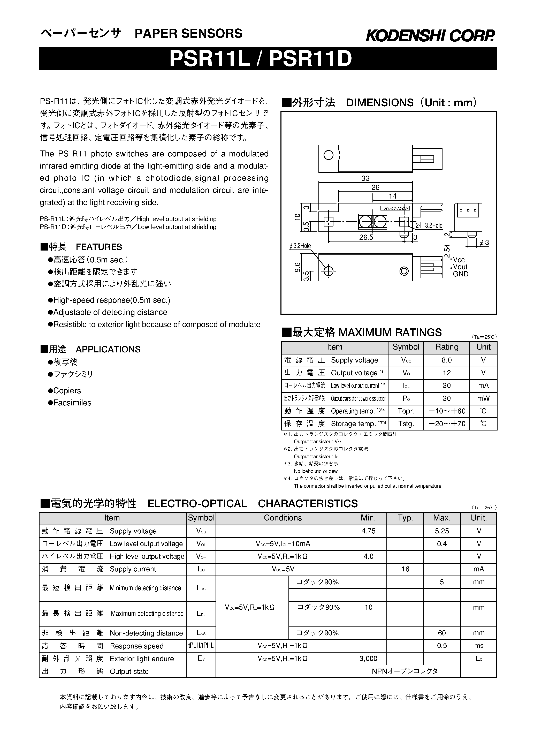 Datasheet PSR11D - composed of a modulated infrared emitting diode at the light-emitting side and a modulated photo IC at the light receiving side page 1