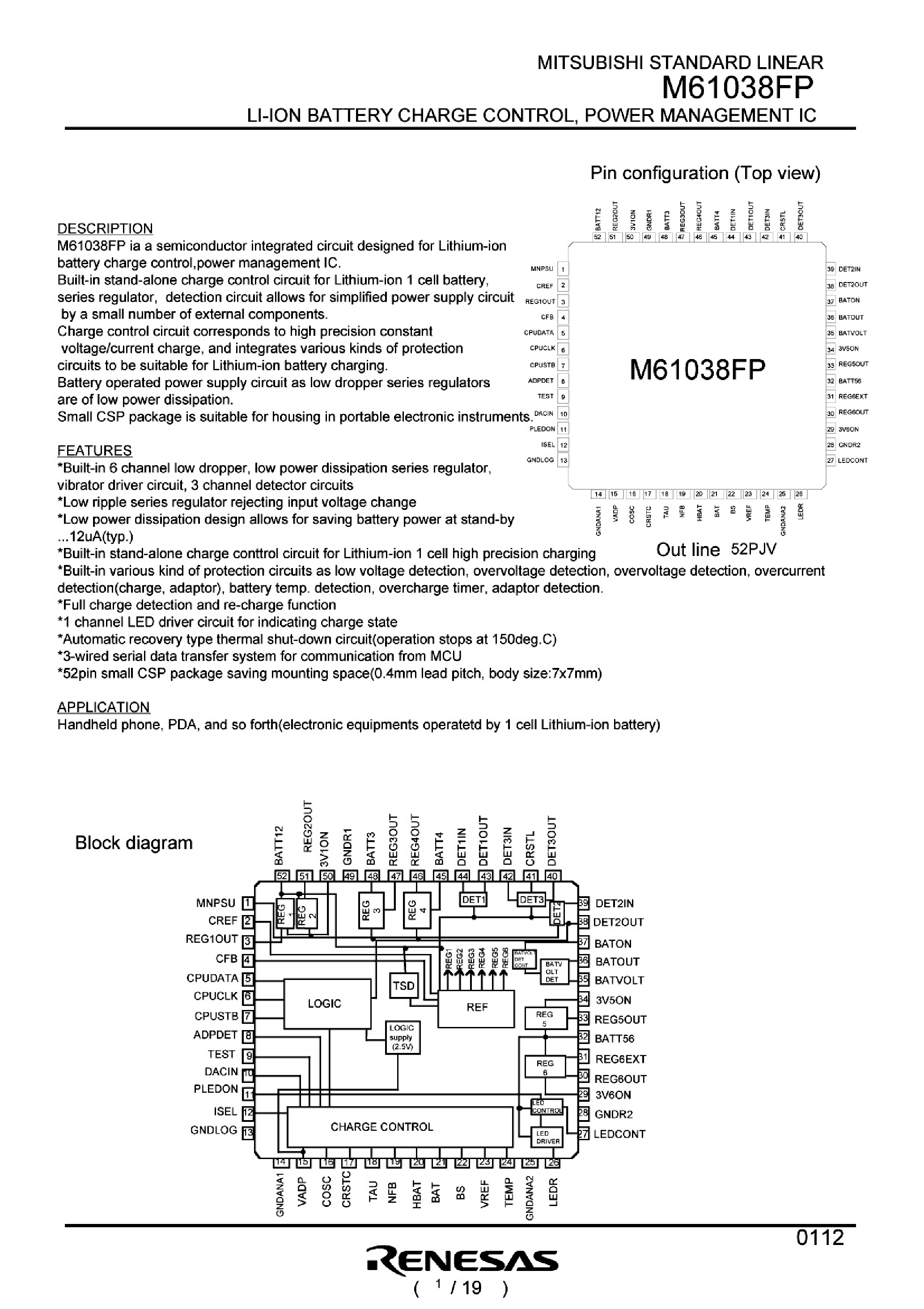 Datasheet M61038FP - Li-Ion Battery Charge Control / Power Management IC page 2