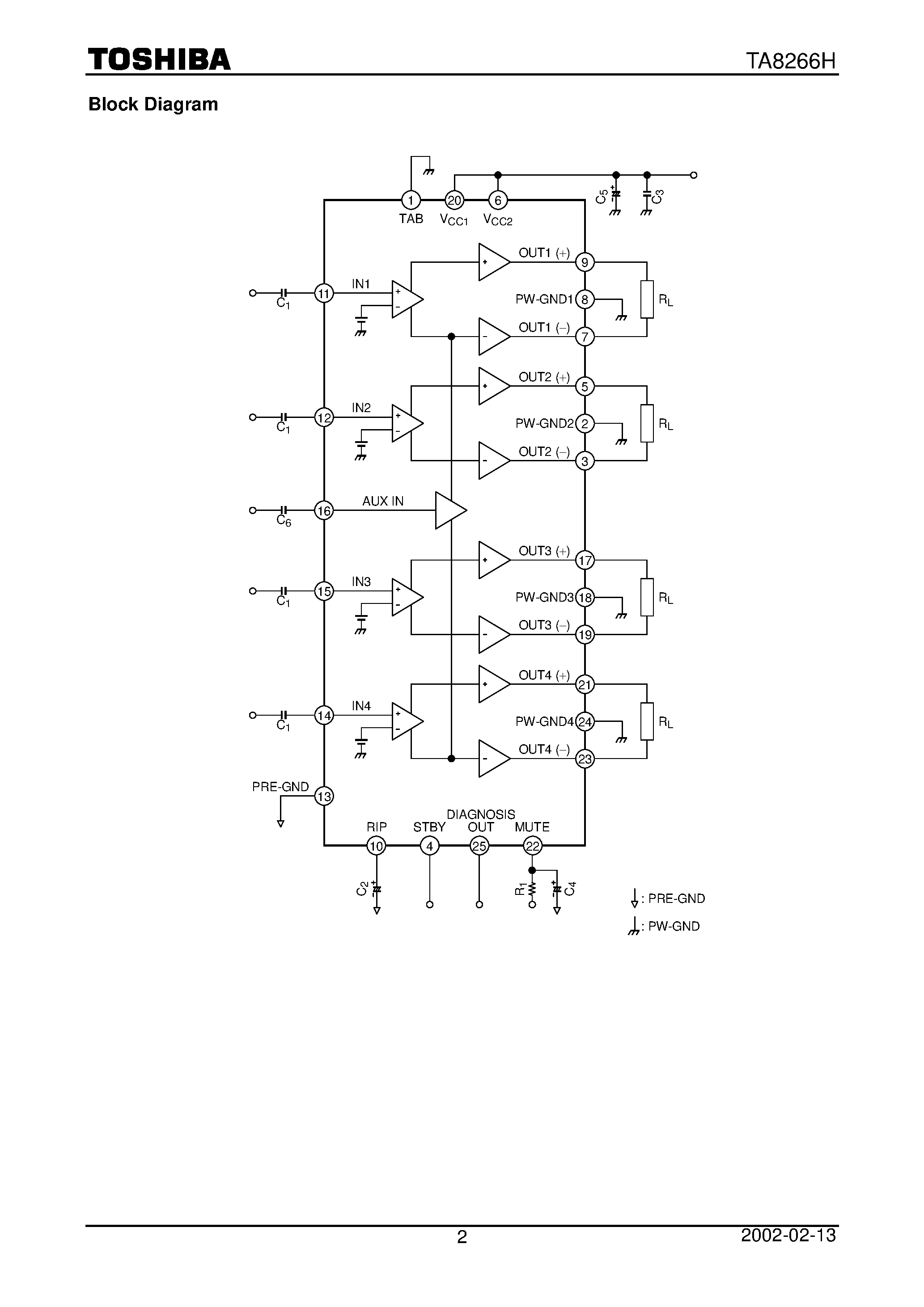 Datasheet TA8266H - Max Power 35 W BTL 4 ch Audio Power IC page 2
