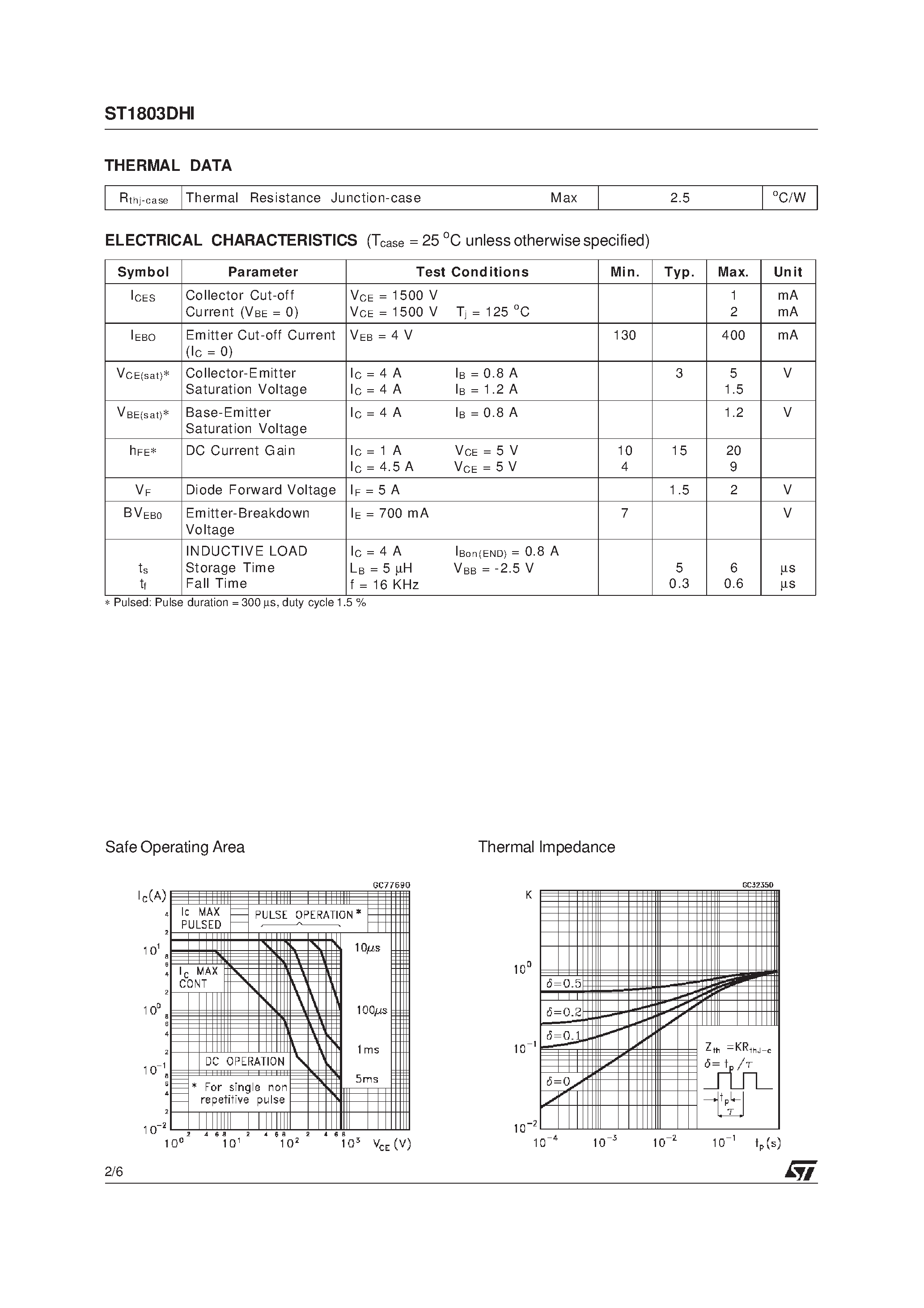 Даташит на микросхему ST1803DHI страница 2 Даташит ST1803DHI - HIGH VOLTAGE FAST-SWITCHING NPN POWER TRANSISTOR страница 2