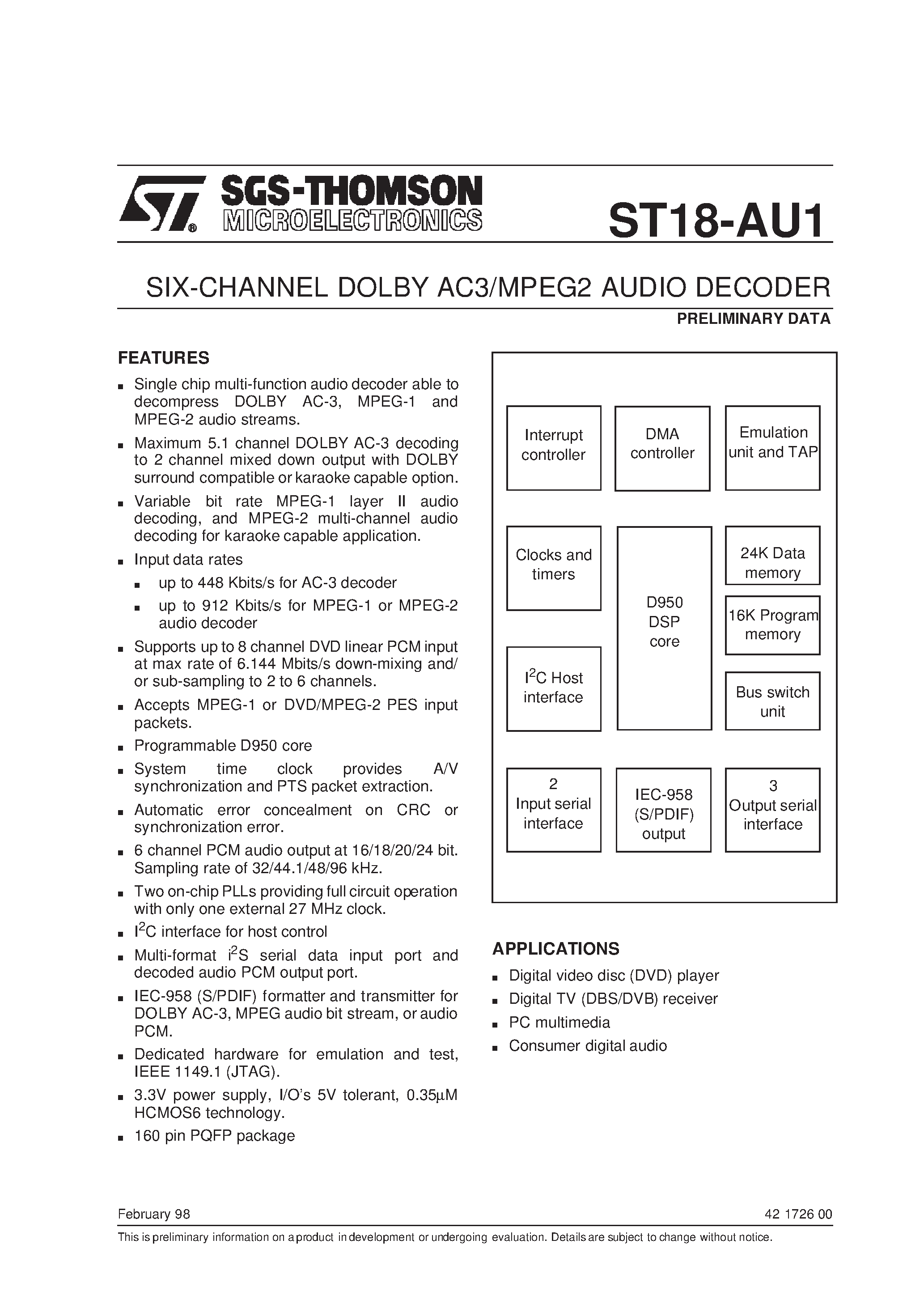 Datasheet ST18-AU1 page 1 Datasheet ST18-AU1 - SIX-CHANNEL DOLBY AC3/MPEG2 AUDIO DECODER page 1