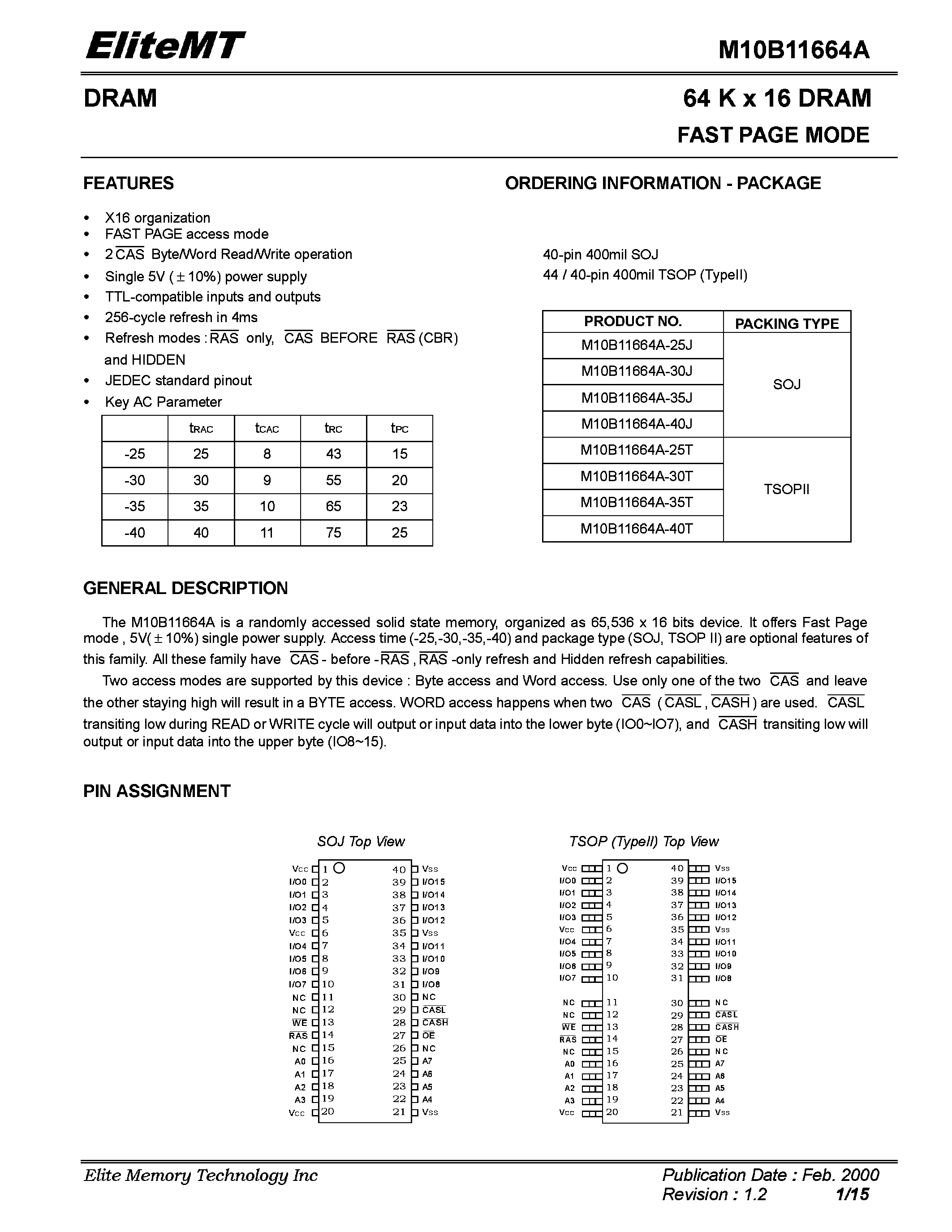 Даташит M10B11664A - 64K X 16 DRAM FAST PAGE MODE страница 1