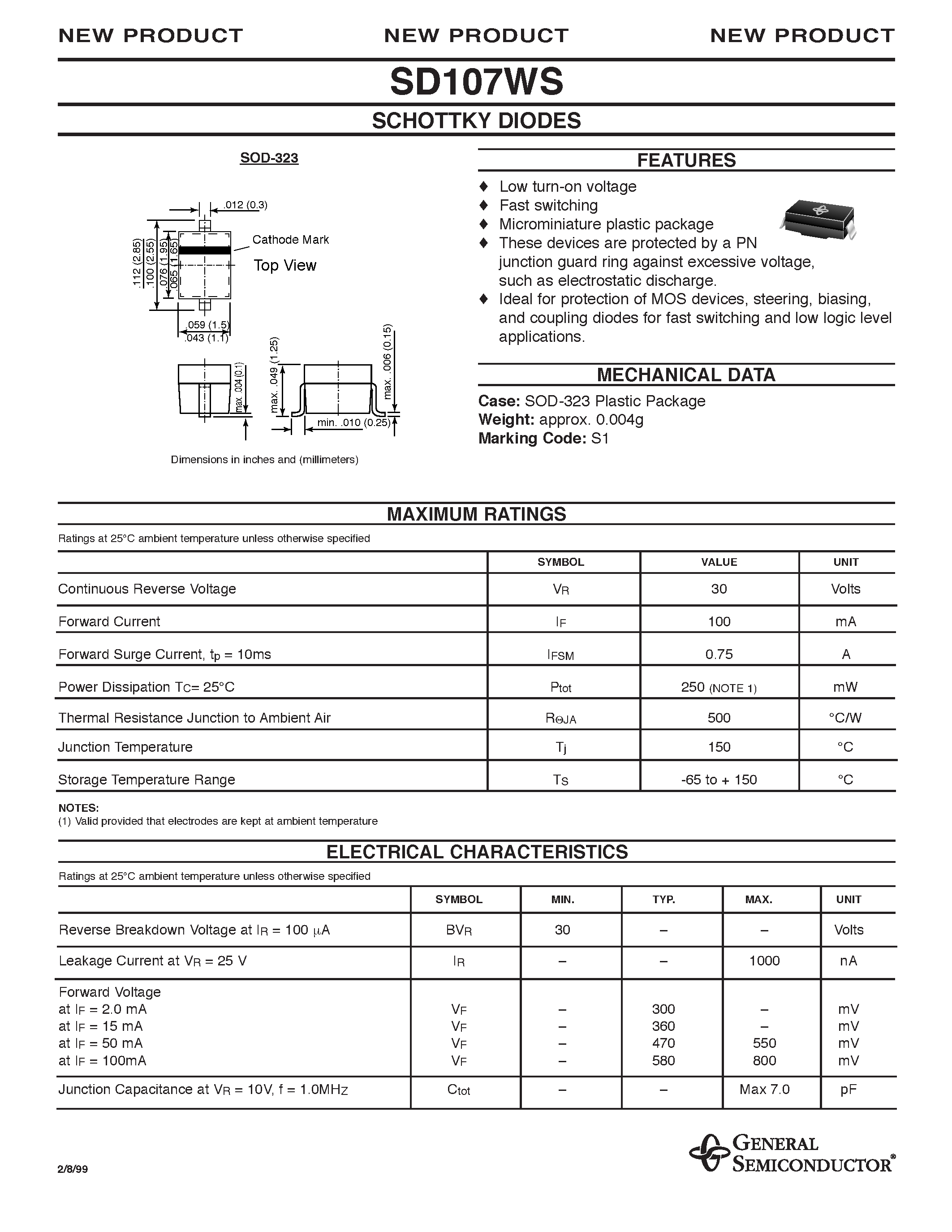 Datasheet SD107WS page 1 Datasheet SD107WS - SCHOTTKY DIODES page 1