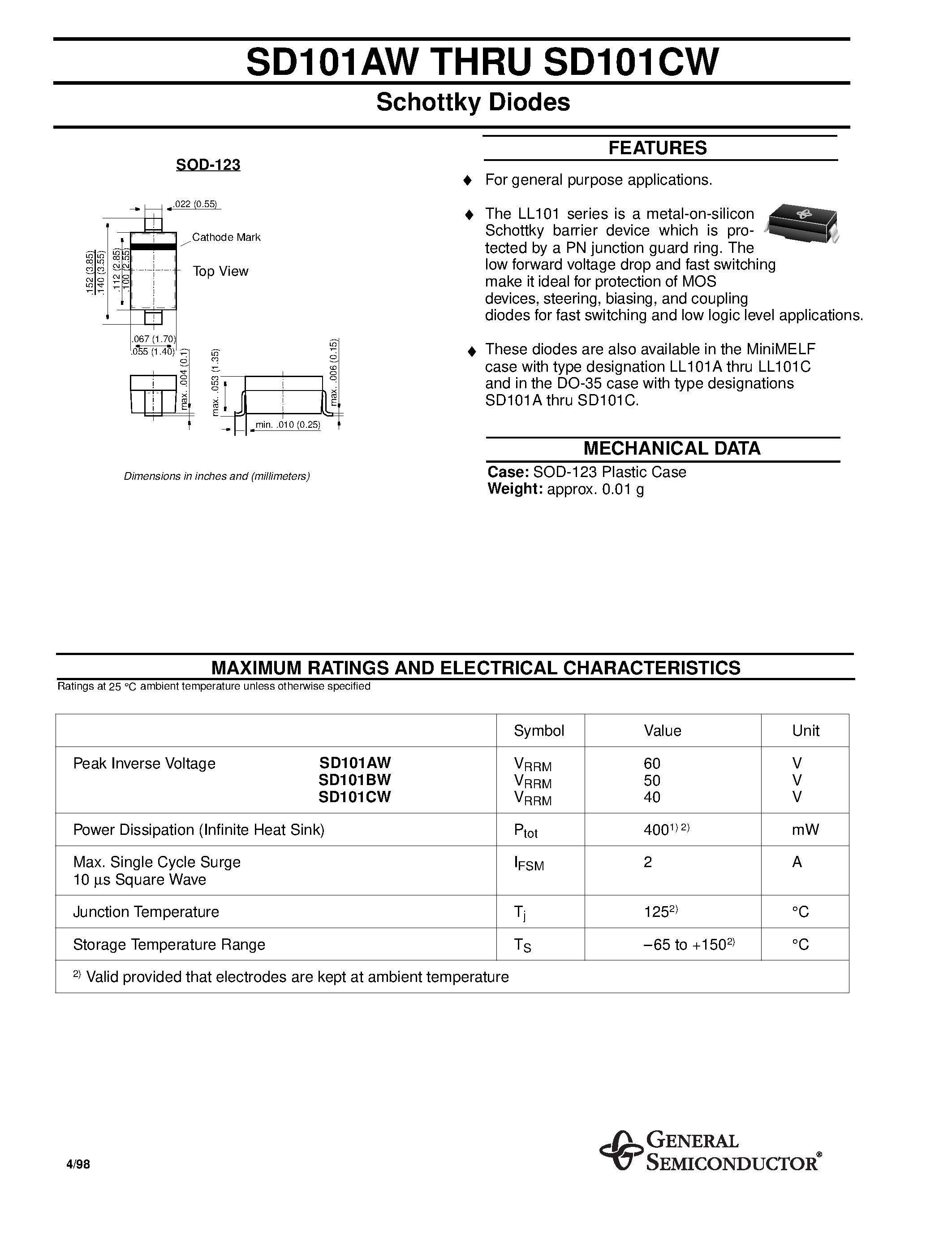 Datasheet SD101AW - (SD101AW - SD101CW) Schottky Diodes page 1