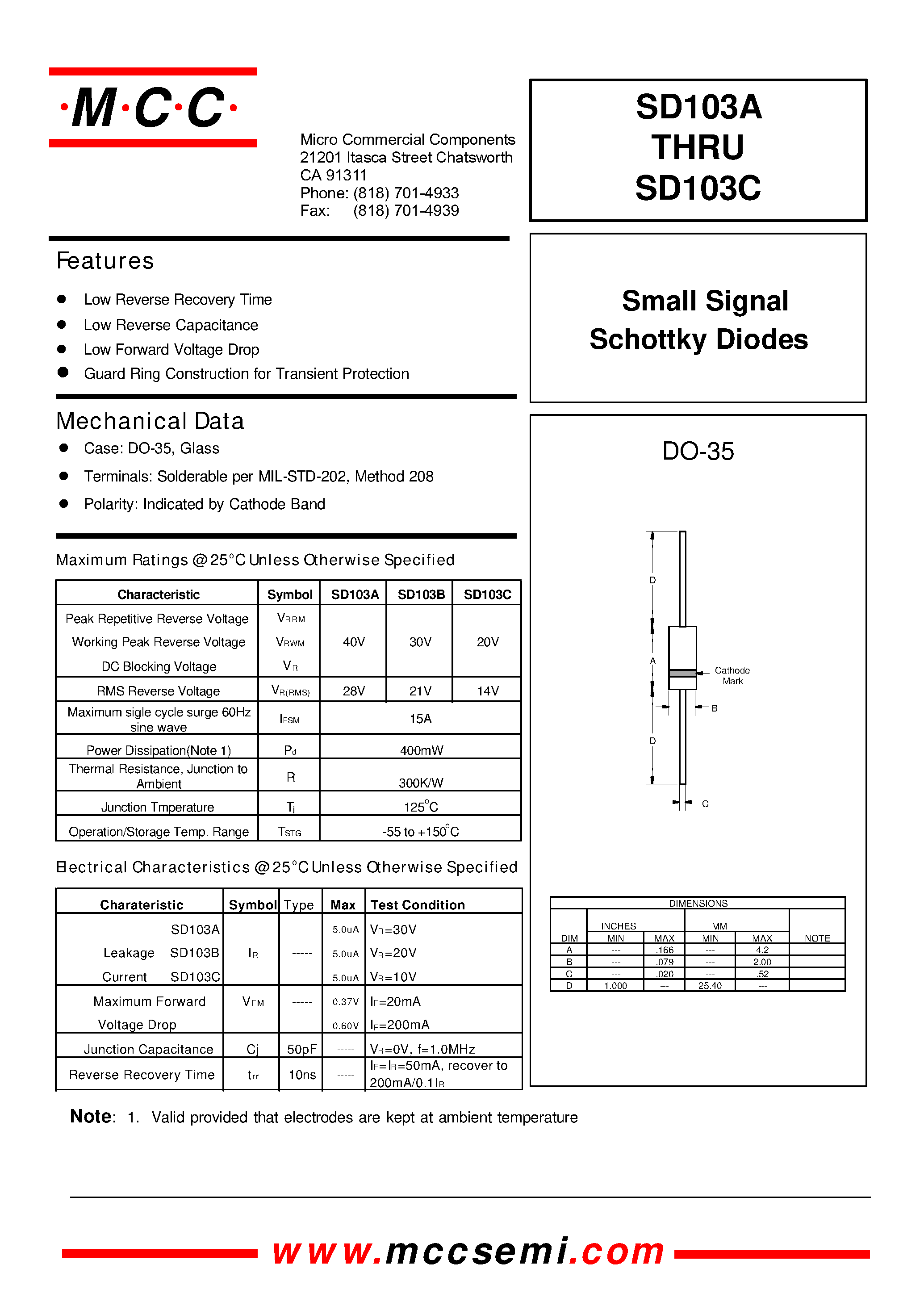 Datasheet SD103A page 1 Datasheet SD103A - (SD103A - SD103C) Small Signal Schottky Diodes page 1