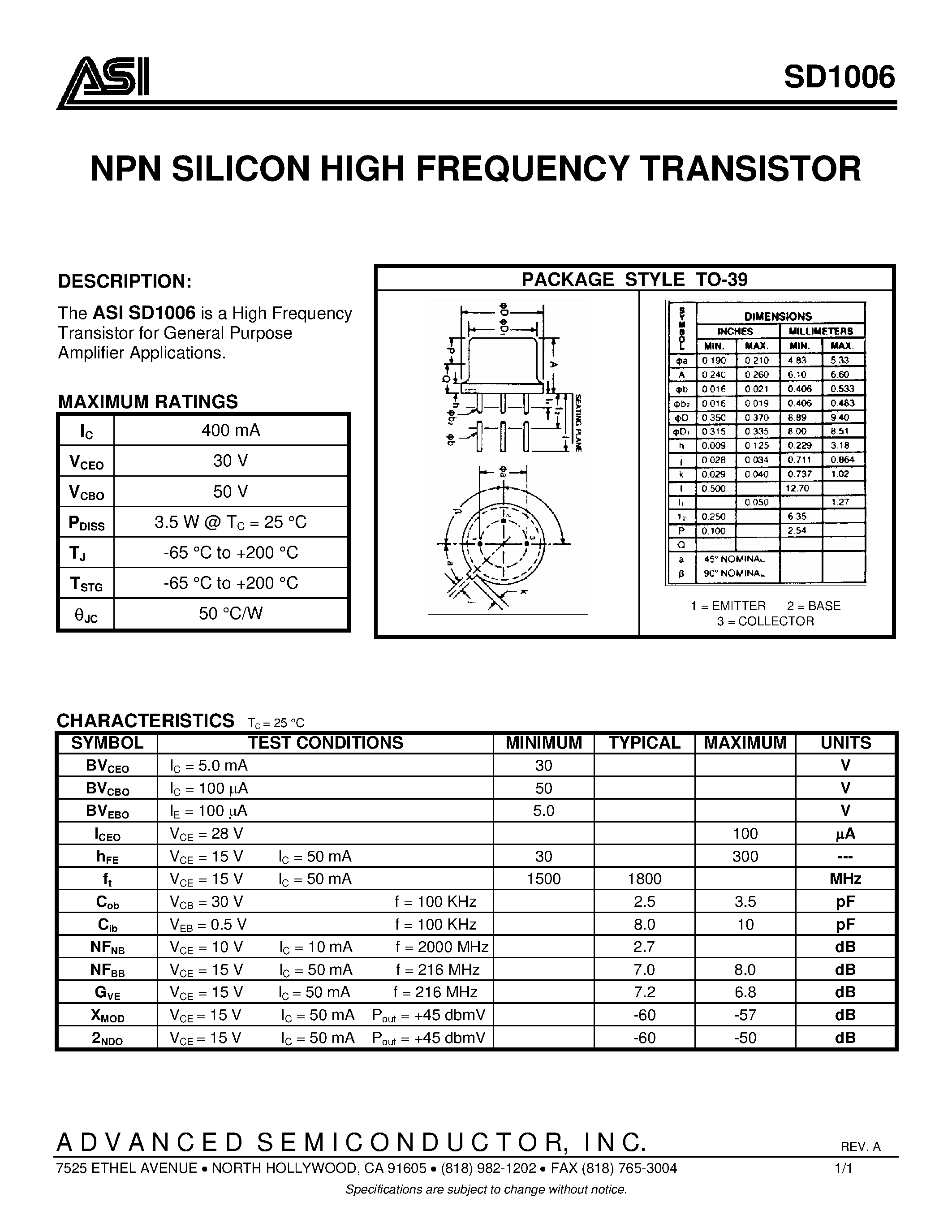 Datasheet SD1006 page 1 Datasheet SD1006 - NPN SILICON HIGH FREQUENCY TRANSISTOR page 1