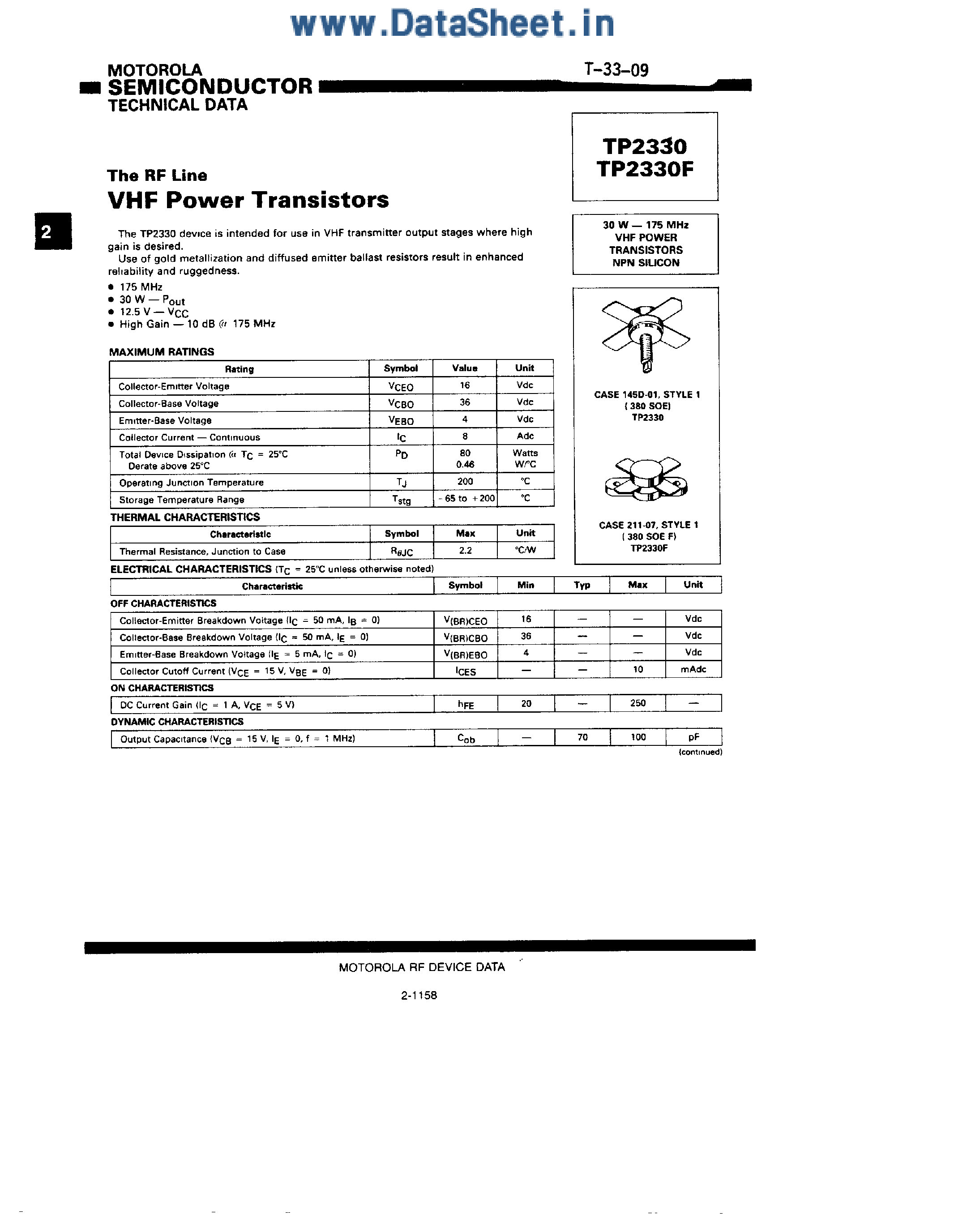 Datasheet TP2325 page 2 Datasheet TP2325 - VHF Power Transistor page 2