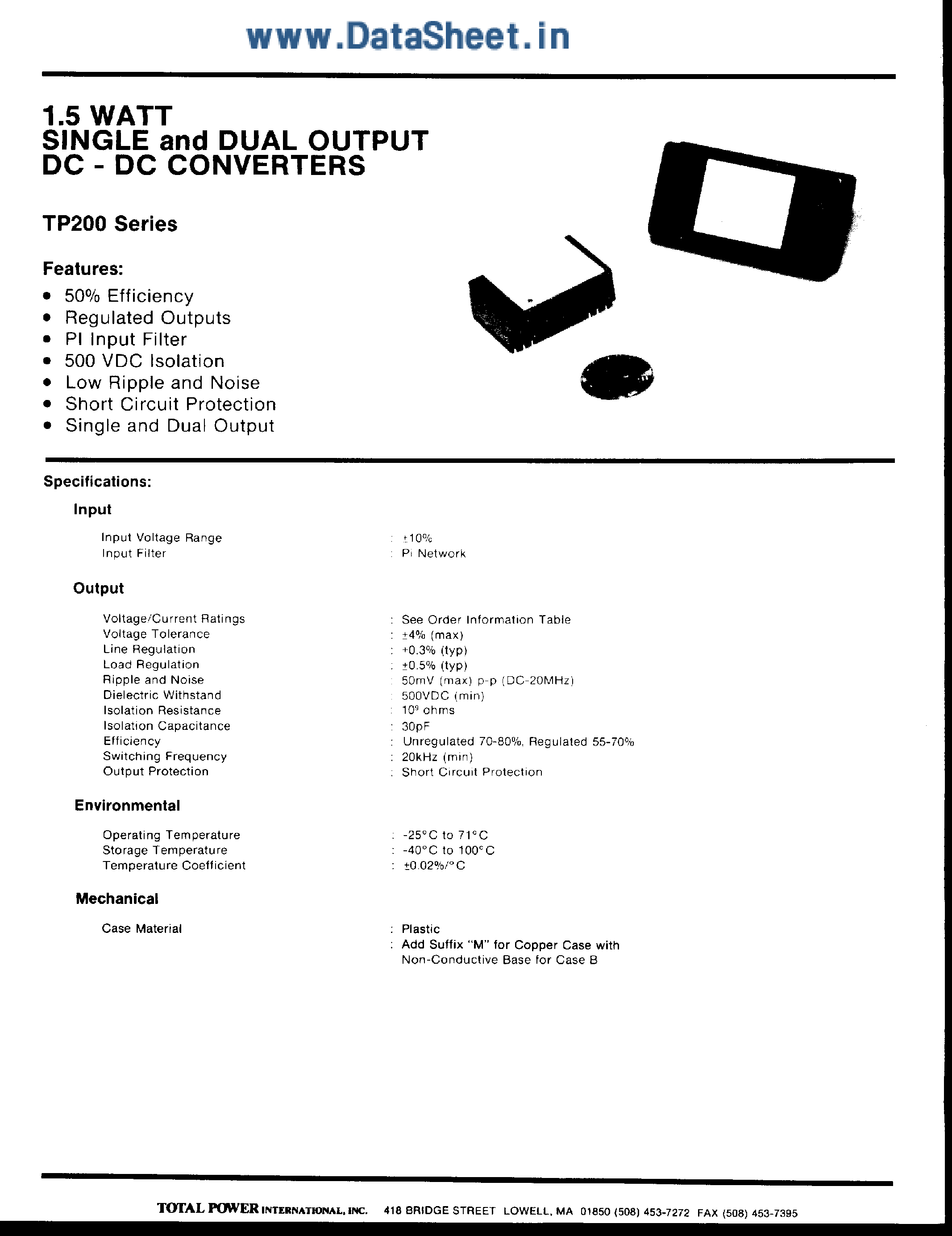 Datasheet TP2xx - (TP201 - TP250) Single and Dual Output DC-DC Converters page 1