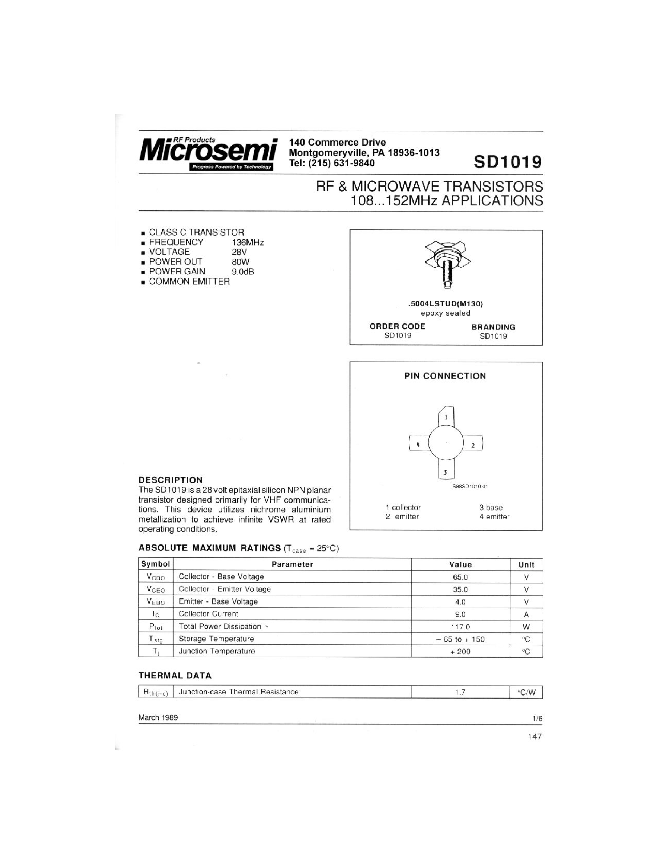 Datasheet SD1019 page 1 Datasheet SD1019 - RF & MICROWAVE TRANSISTORS 108-152 MHz APPLICATIONS page 1