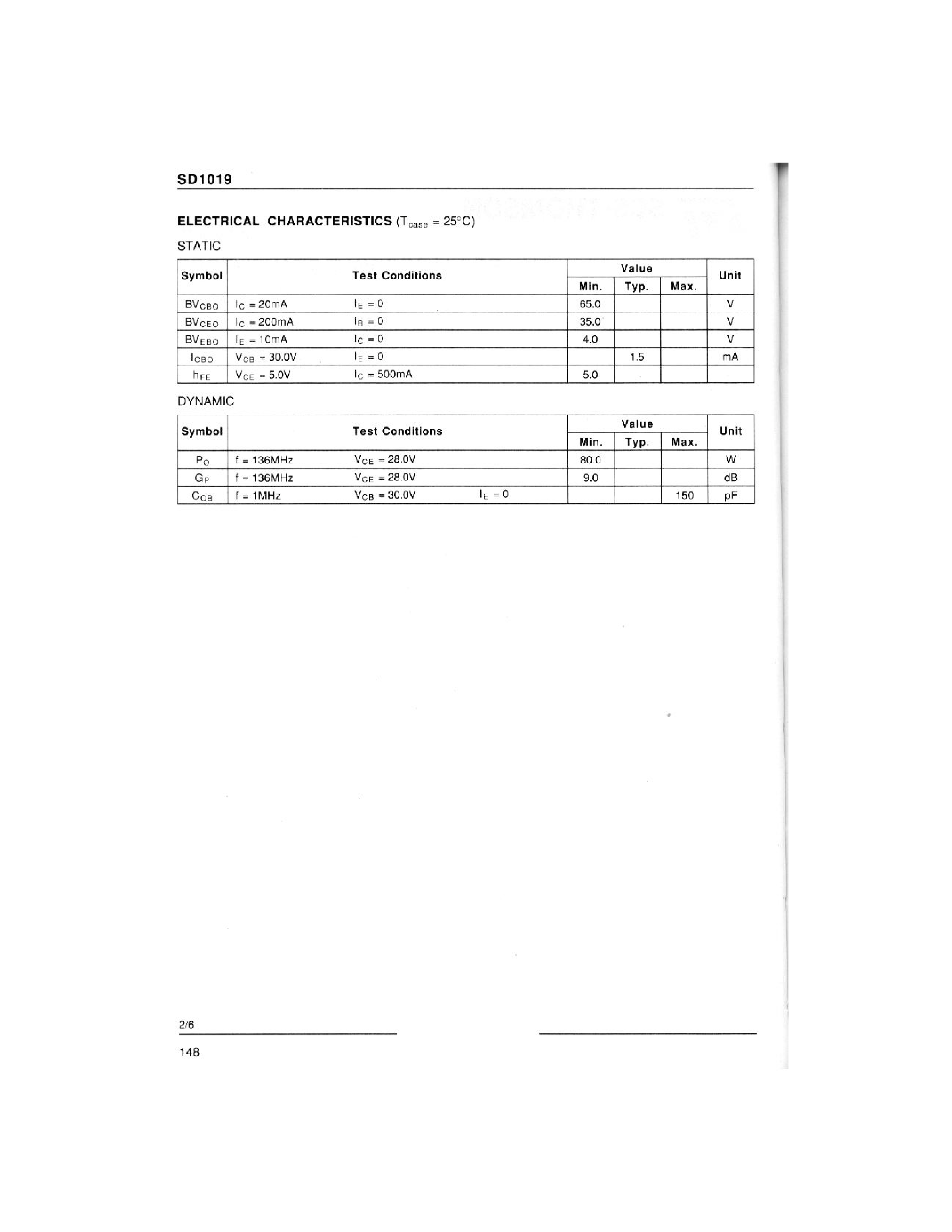 Datasheet SD1019 page 2 Datasheet SD1019 - RF & MICROWAVE TRANSISTORS 108-152 MHz APPLICATIONS page 2
