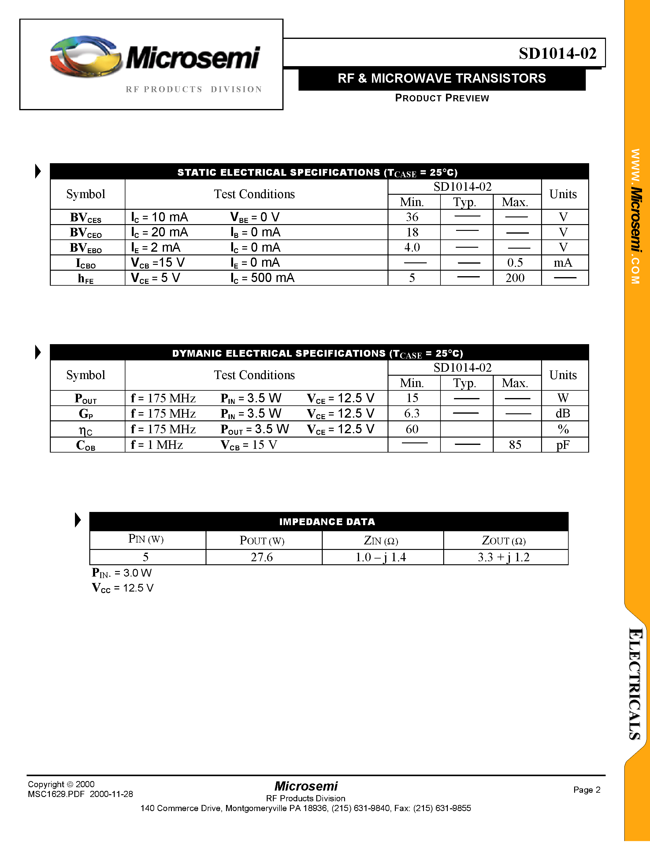 Datasheet SD1014-02 page 2 Datasheet SD1014-02 - RF & MICROWAVE Transistors page 2