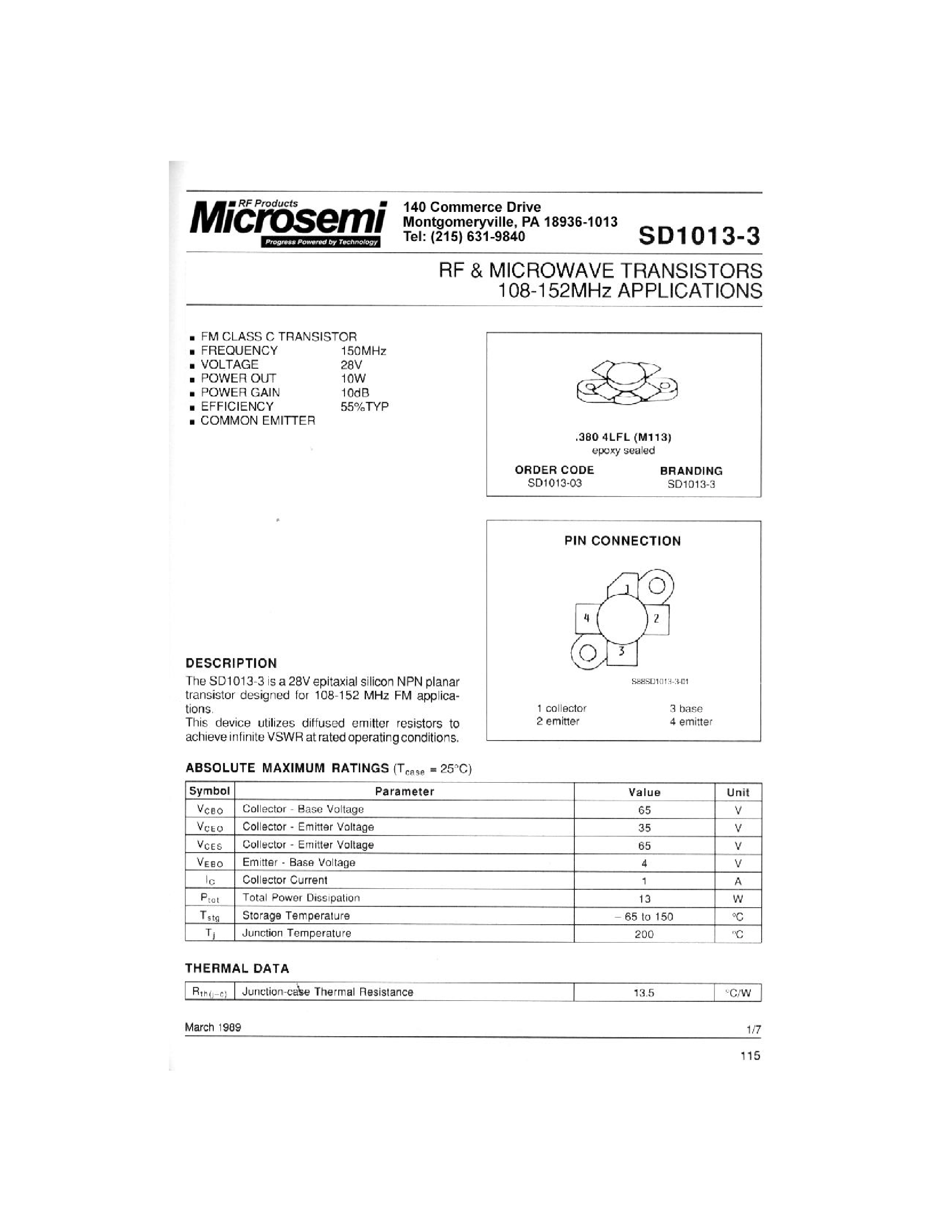 Datasheet SD1013-3 page 1 Datasheet SD1013-3 - RF & MICROWAVE TRANSISTORS 108-152 MHz APPLICATIONS page 1
