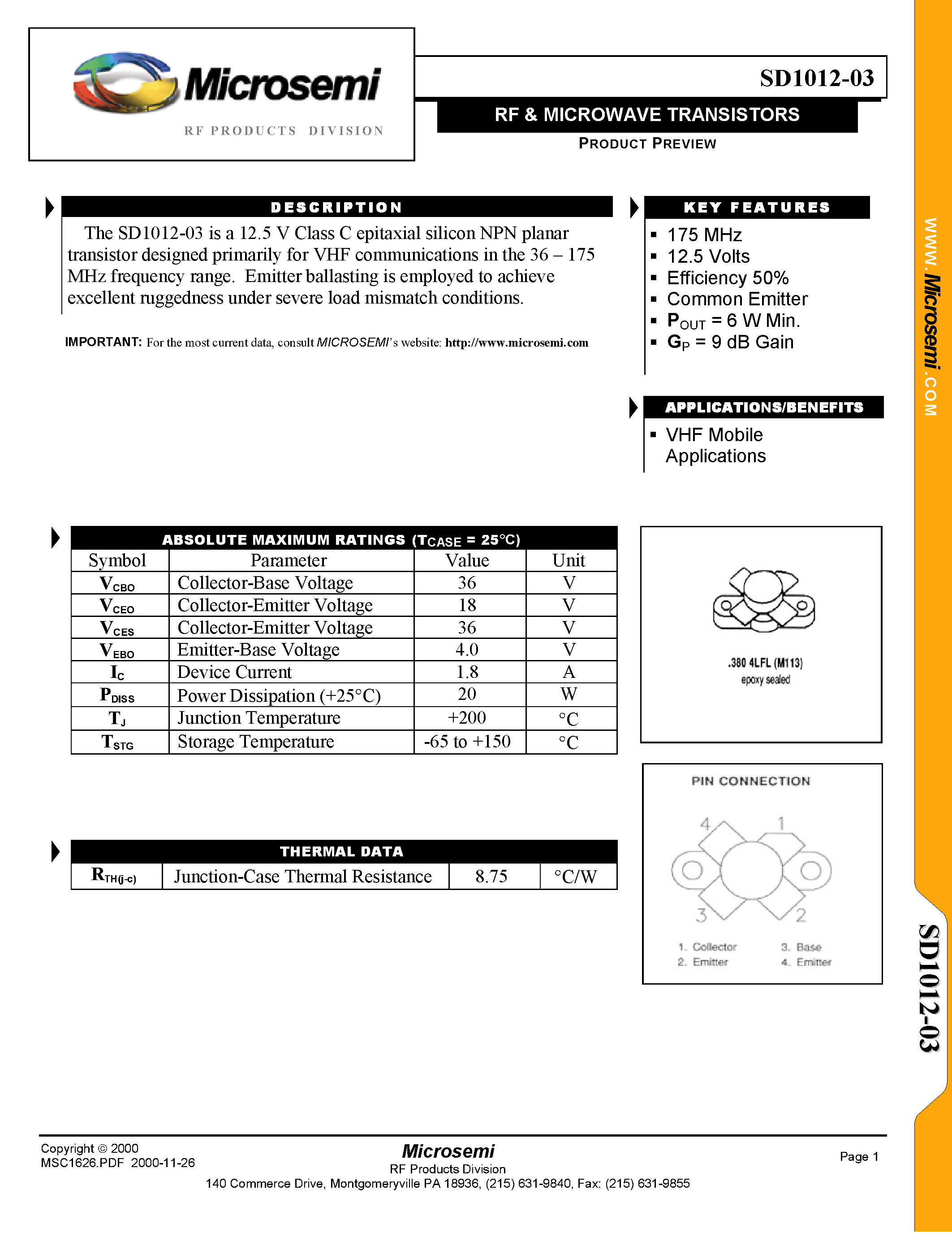 Datasheet SD1012-03 page 1 Datasheet SD1012-03 - RF & MICROWAVE TRANSISTORS page 1