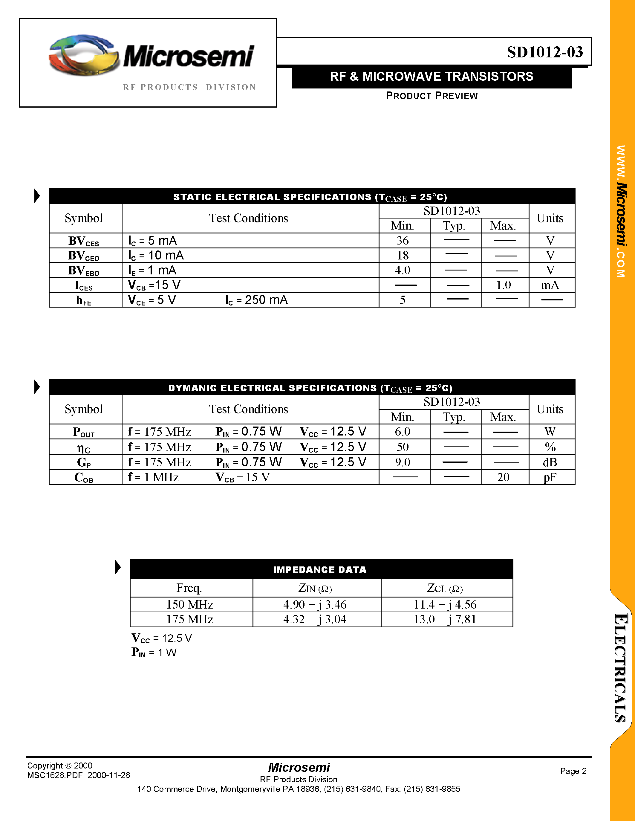 Datasheet SD1012-03 page 2 Datasheet SD1012-03 - RF & MICROWAVE TRANSISTORS page 2