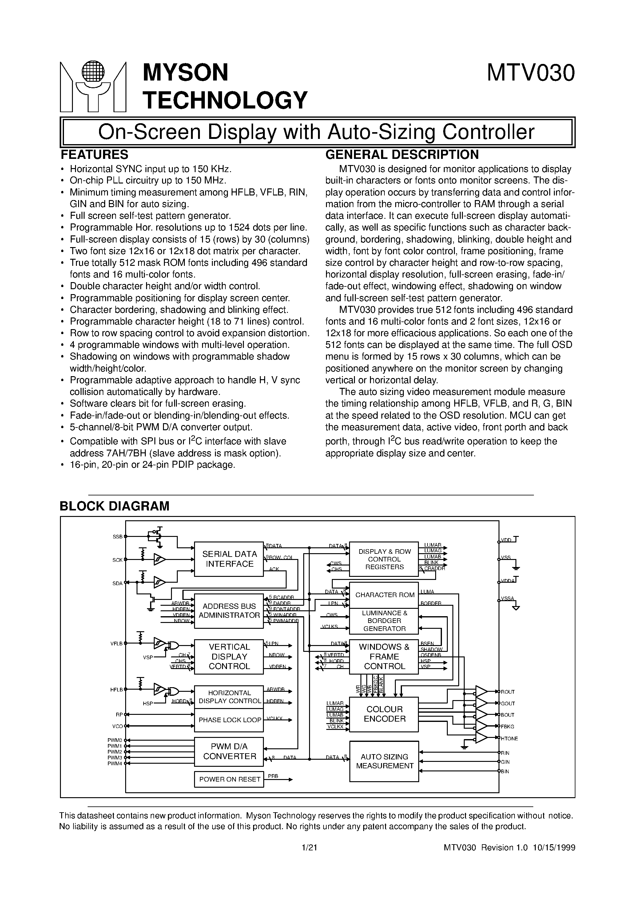 Datasheet MTV030 - On-Screen Display with Auto-Sizing Controller page 1