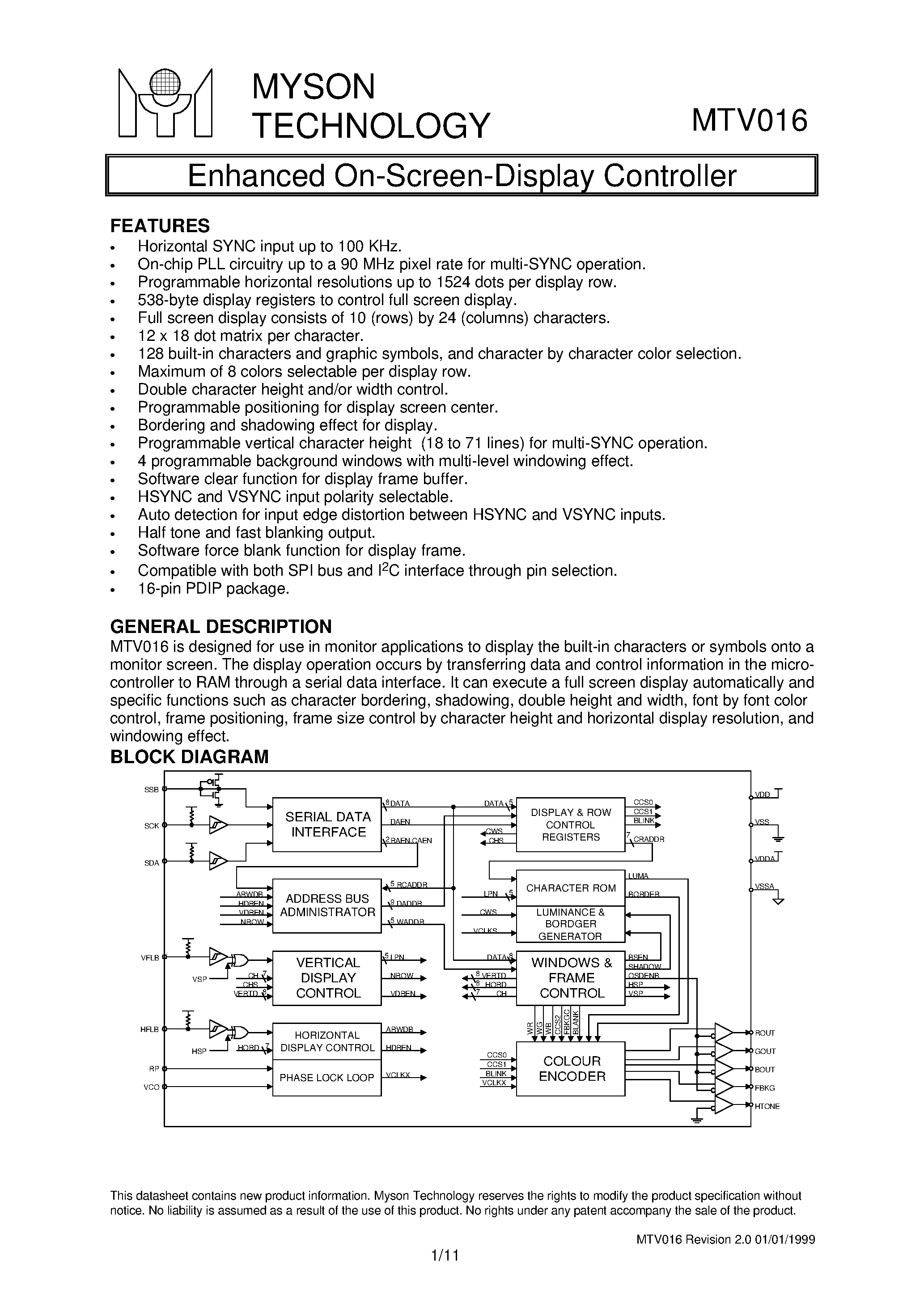 Datasheet MTV016 - Enhanced On-Screen-Display Controller page 1