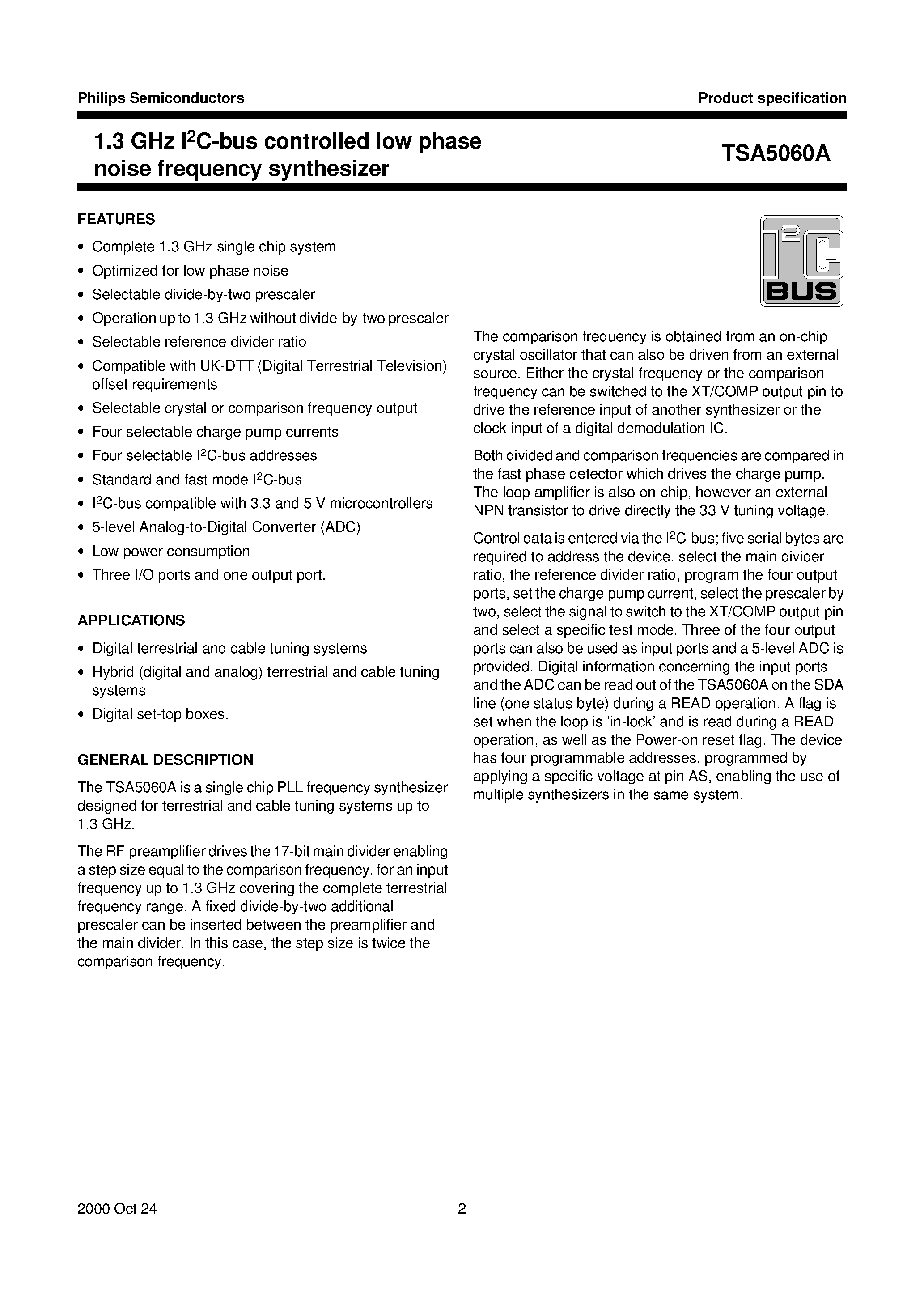 Datasheet TSA5060A page 2 Datasheet TSA5060A - 1.3 GHz I2C-bus controlled low phase noise frequency synthesizer page 2