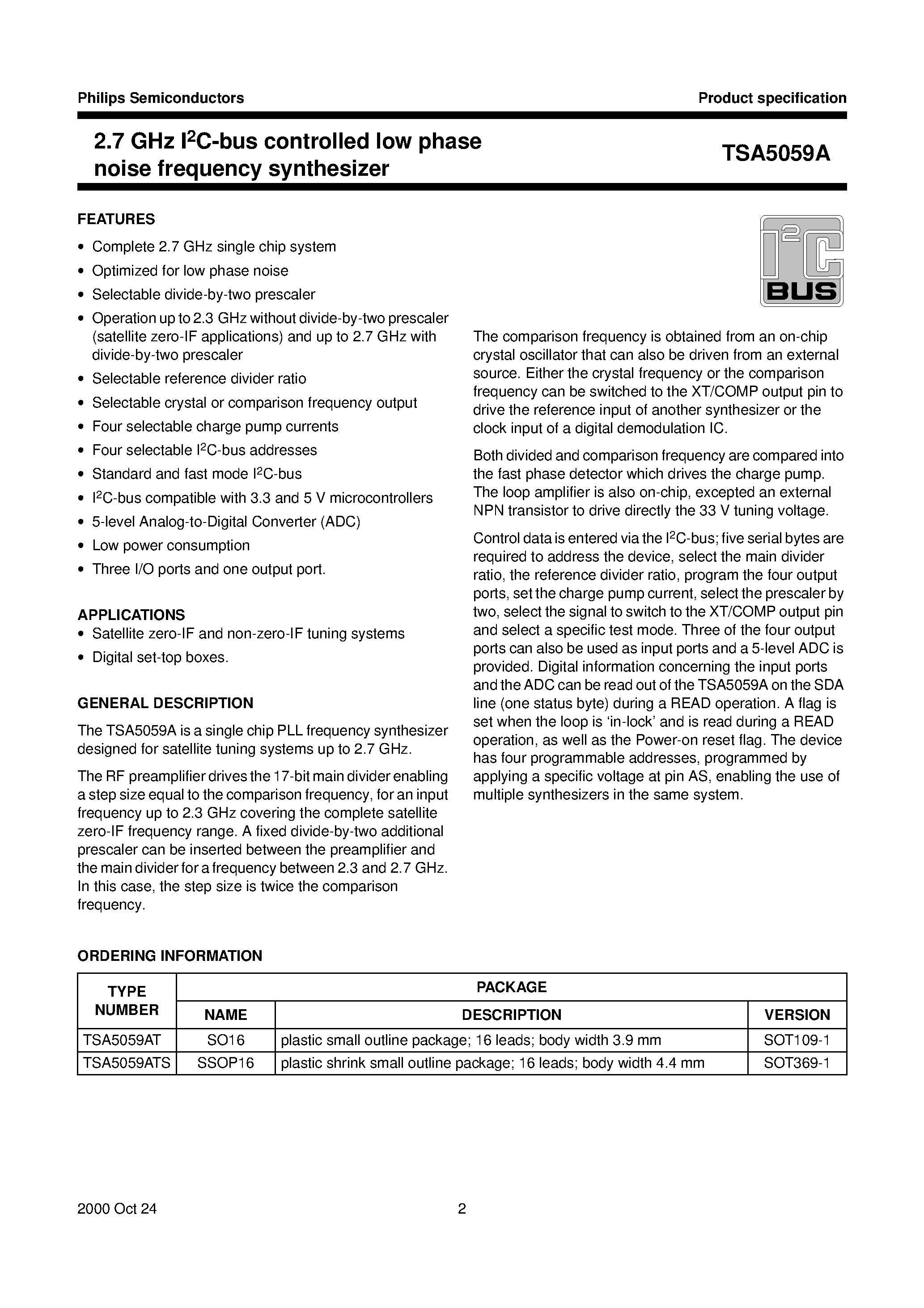 Datasheet TSA5059A - 2.7 GHz I2C-bus controlled low phase noise frequency synthesizer page 2