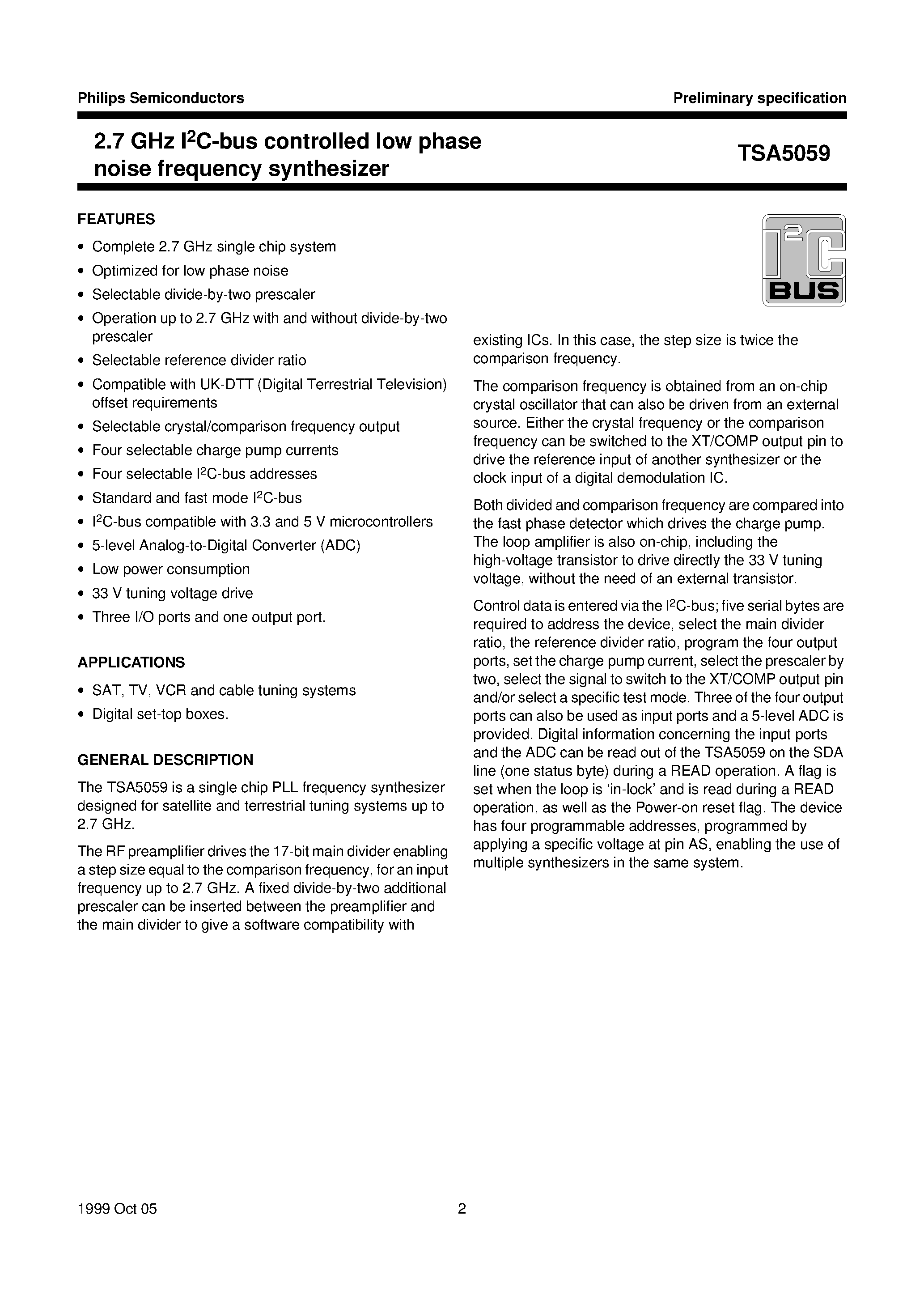 Datasheet TSA5059 page 2 Datasheet TSA5059 - 2.7 GHz I2C-bus controlled low phase noise frequency synthesizer page 2