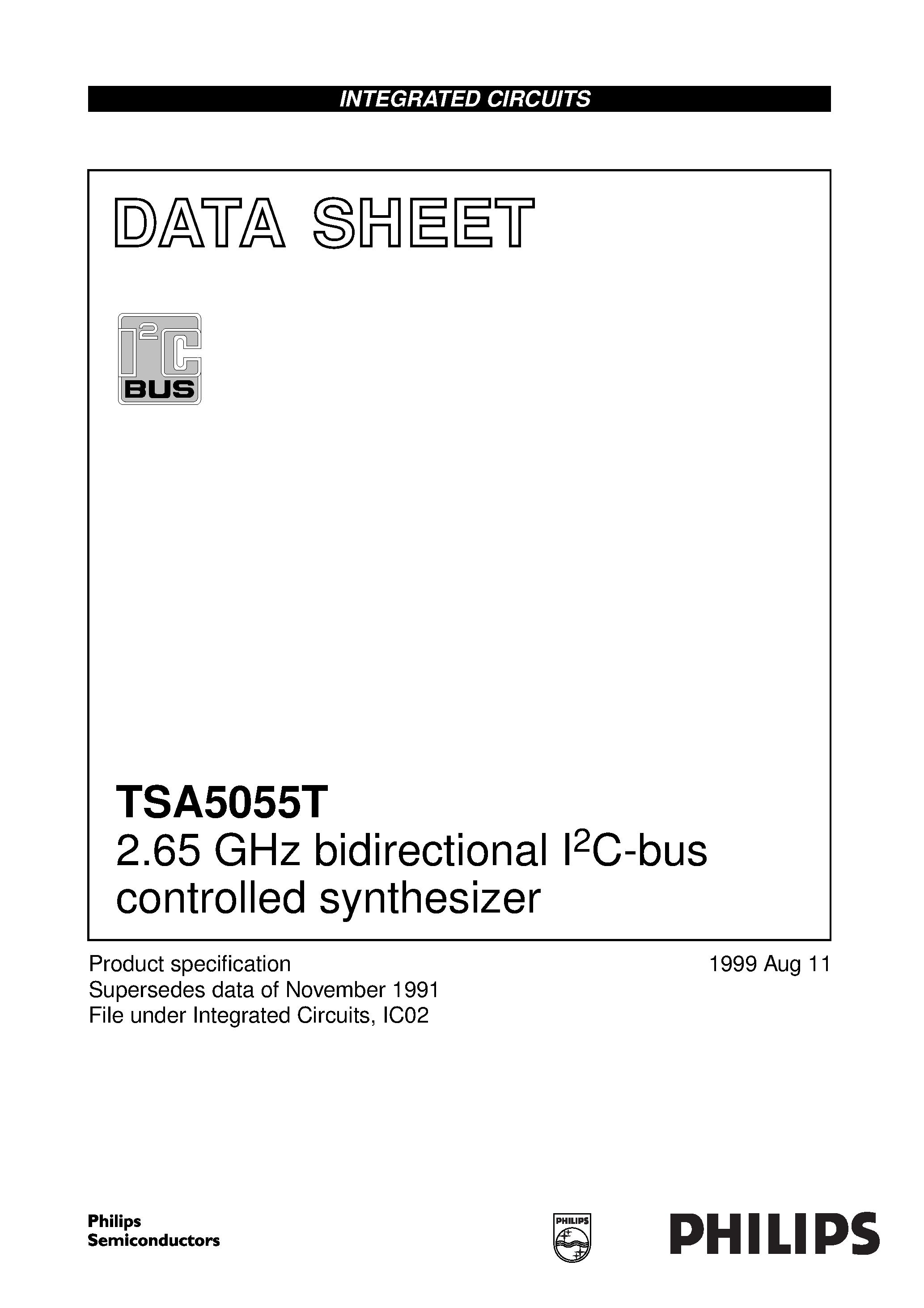 Даташит TSA5055T - 2.65 GHz bidirectional I2C-bus controlled synthesizer страница 1