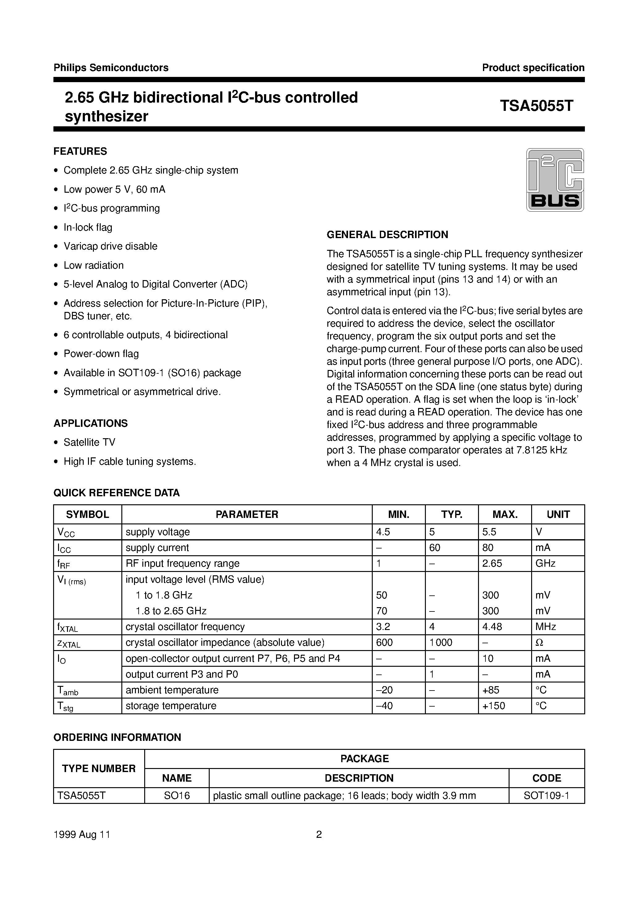 Datasheet TSA5055T page 2 Datasheet TSA5055T - 2.65 GHz bidirectional I2C-bus controlled synthesizer page 2