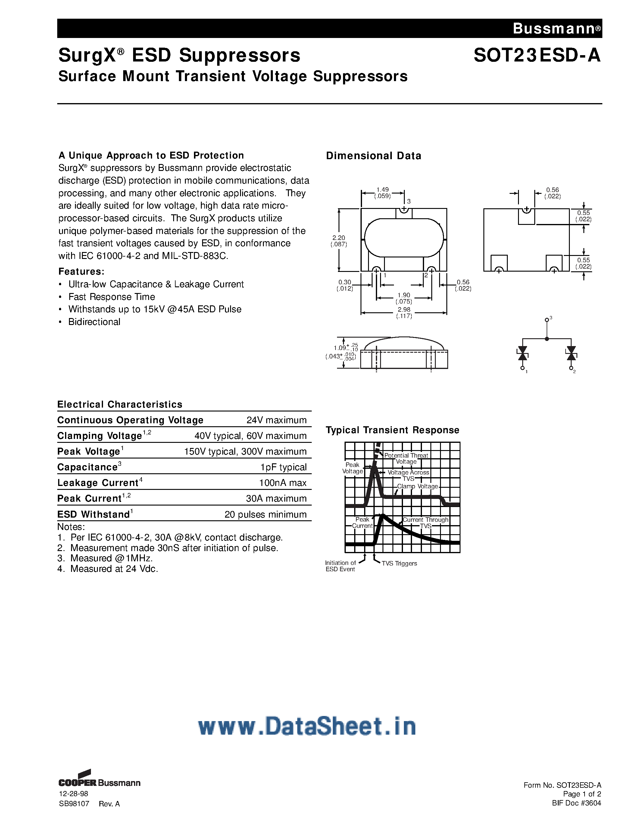 Datasheet SOT23ESD-A - Surface Mount Transient Voltage Suppressors page 1