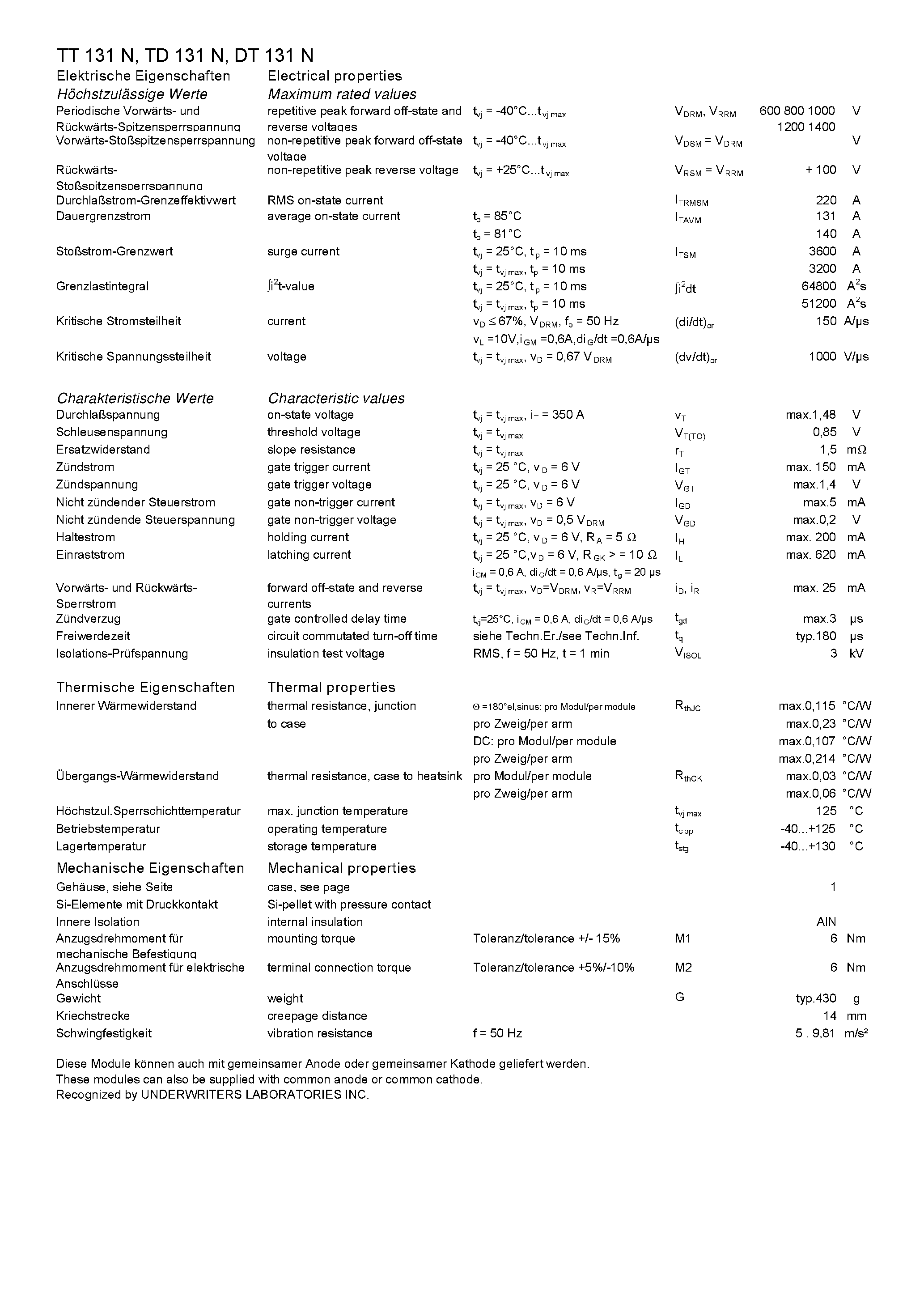 Datasheet TD131N page 2 Datasheet TD131N - EUPEC page 2