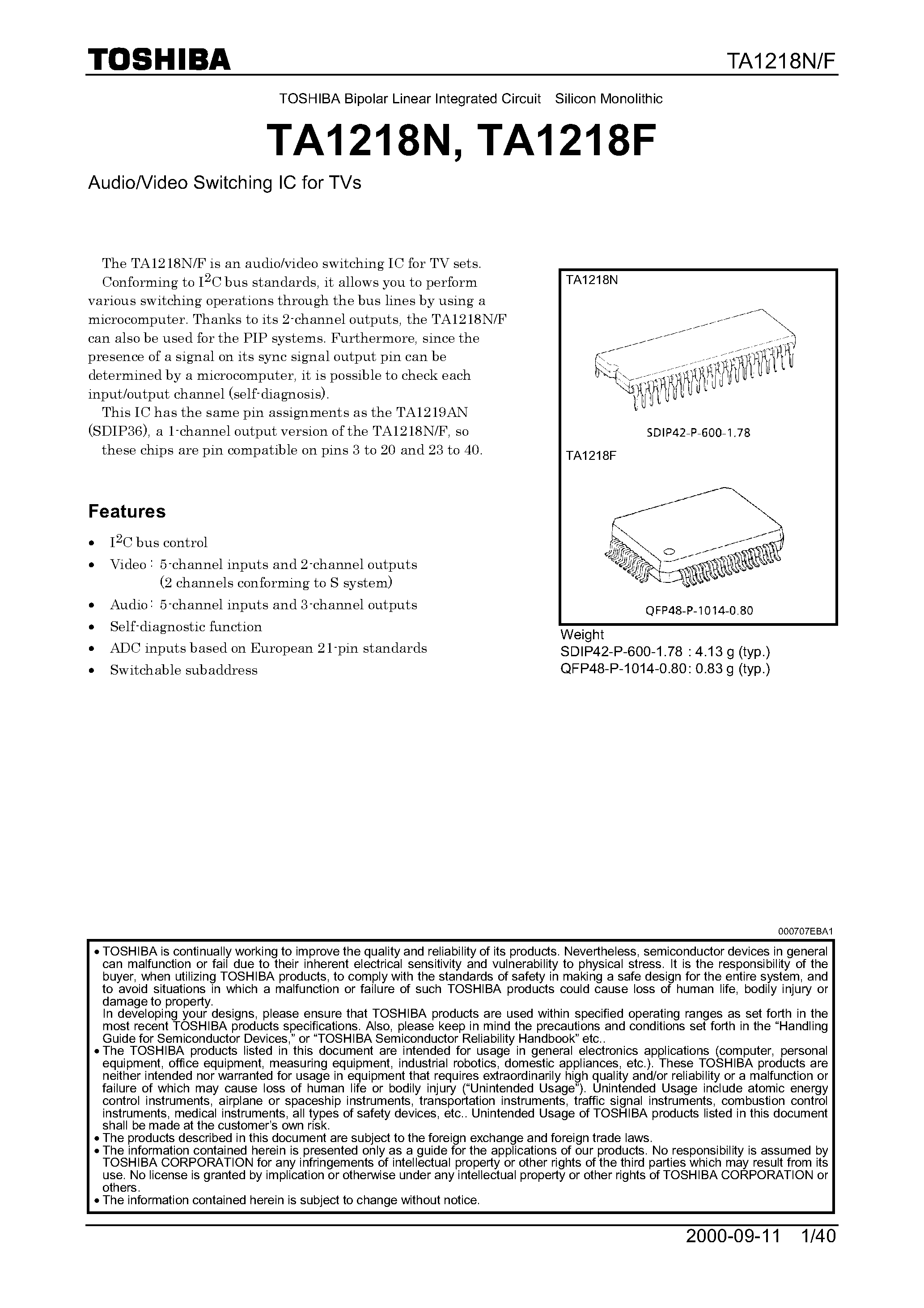 Datasheet TA1218 - TOSHIBA Bipolar Linear Integrated Circuit Silicon Monolithic page 1