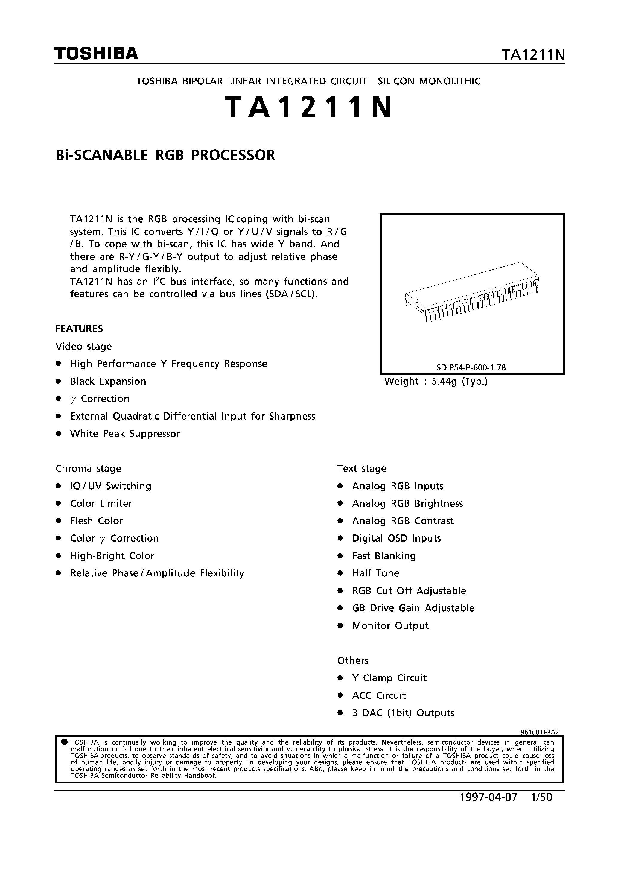 Datasheet TA1211N - Bi-SCANABLE RGB PROCESSOR page 1