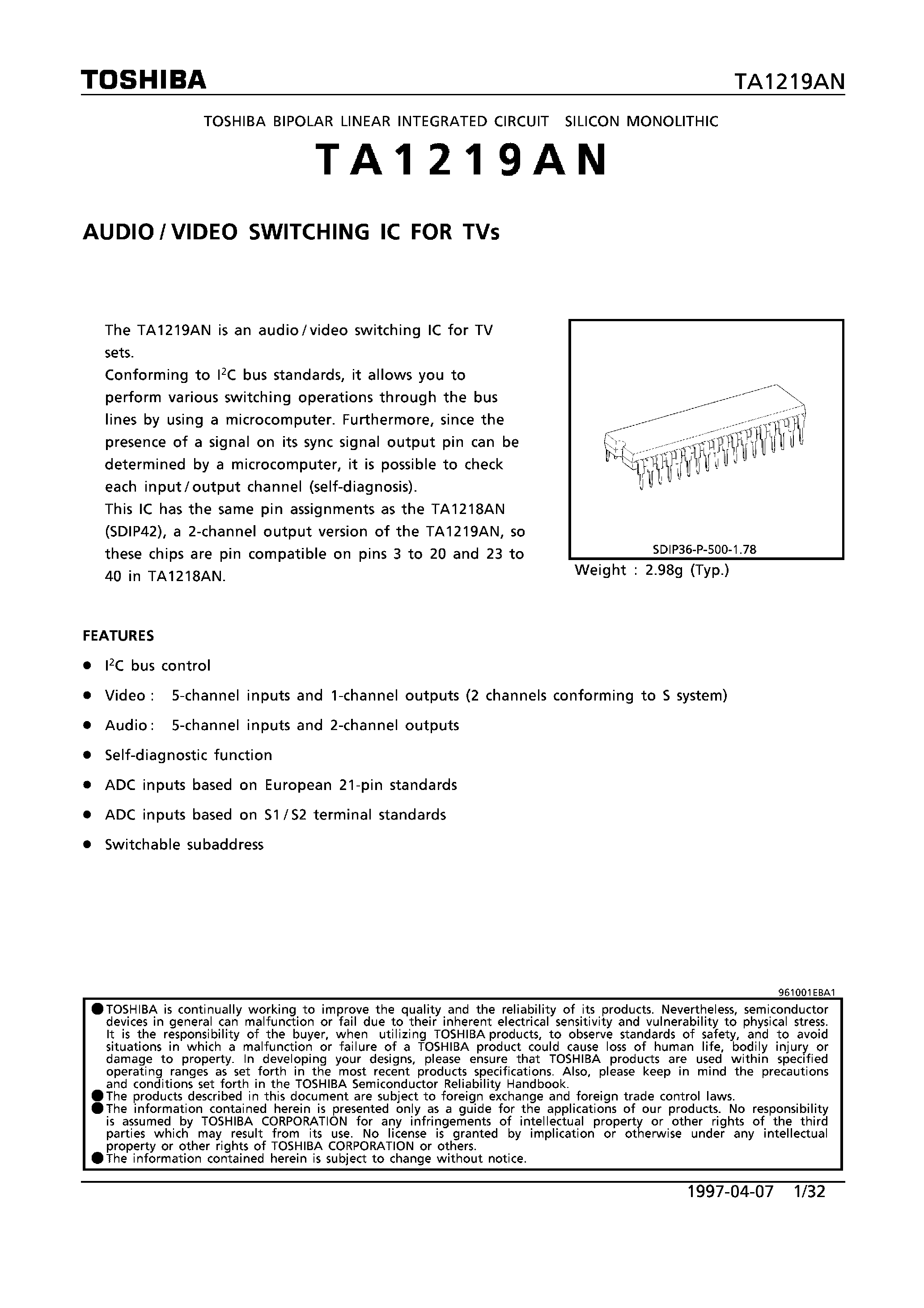 Datasheet TA1219AN page 1 Datasheet TA1219AN - AUDIO/VIDEO SWITCHING IC FOR TVs page 1
