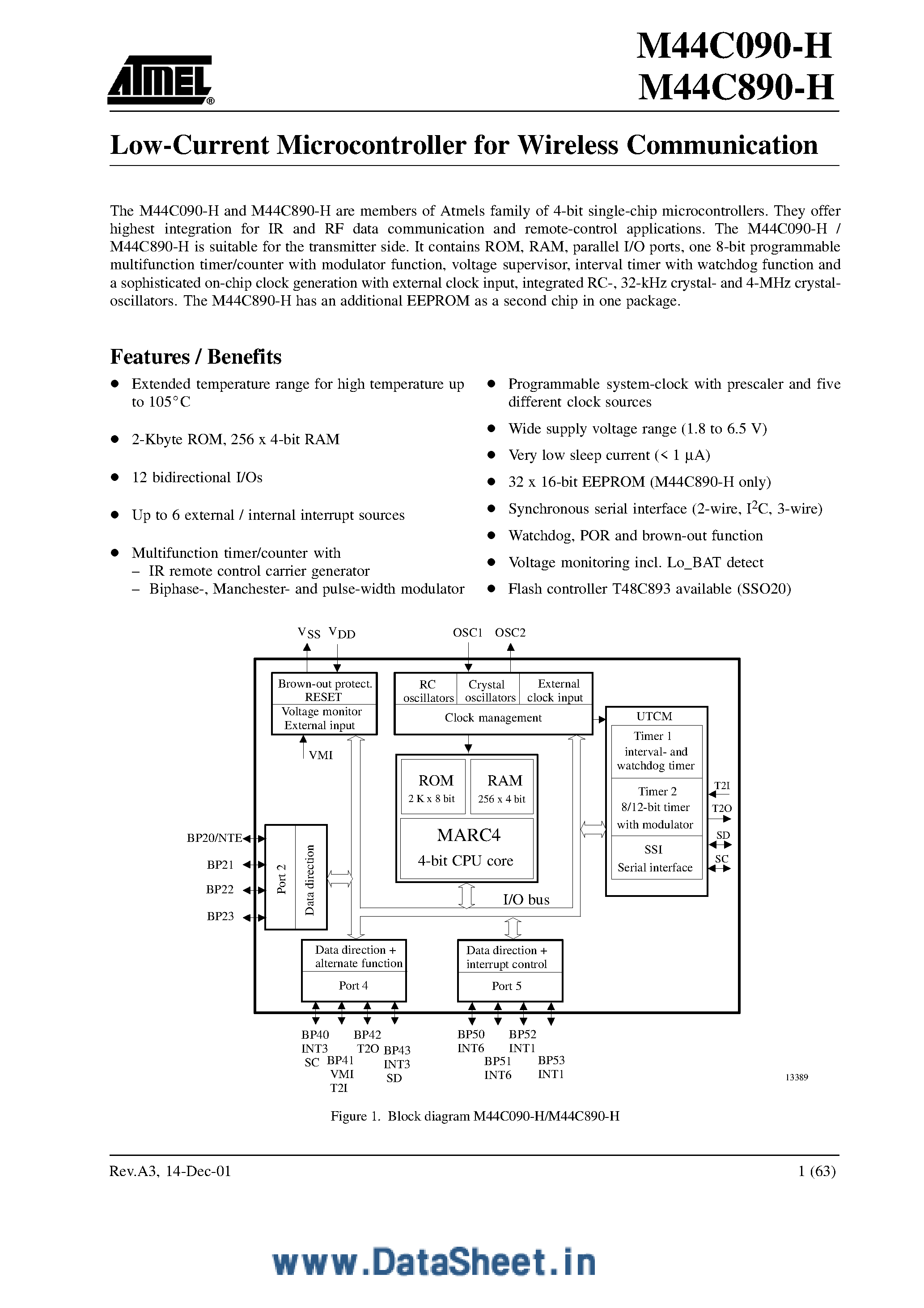 Даташит M44C090-H - (M44C890-H / M44C090-H) Low Current Microcontroller for Wireless Communication страница 1