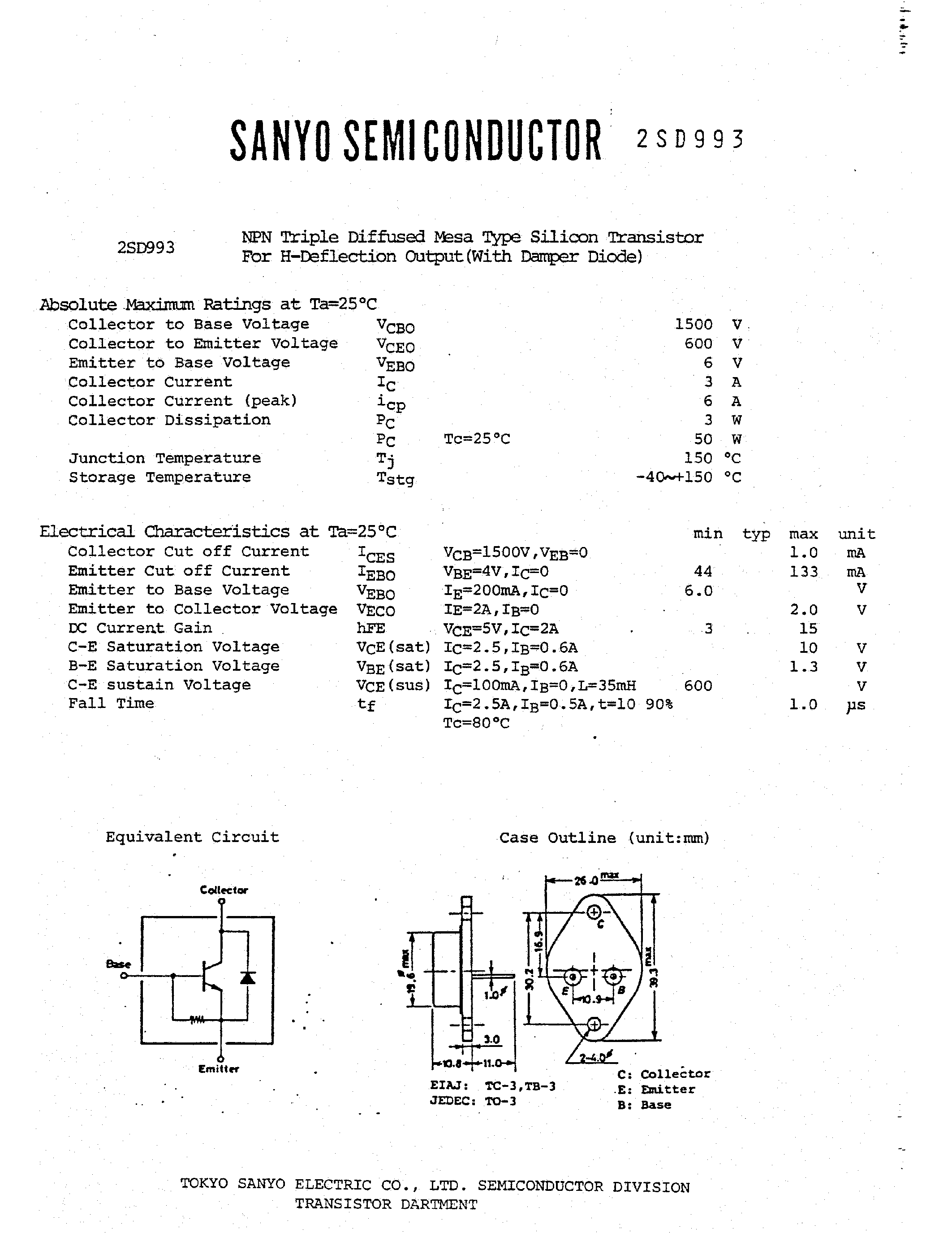 Datasheet 2SD993 page 1 Datasheet 2SD993 - NPN TRIPLE DIFFUSED MESA TYPE SILICON TRANSISTOR FOR H-DEFLECTION OUTPUT page 1