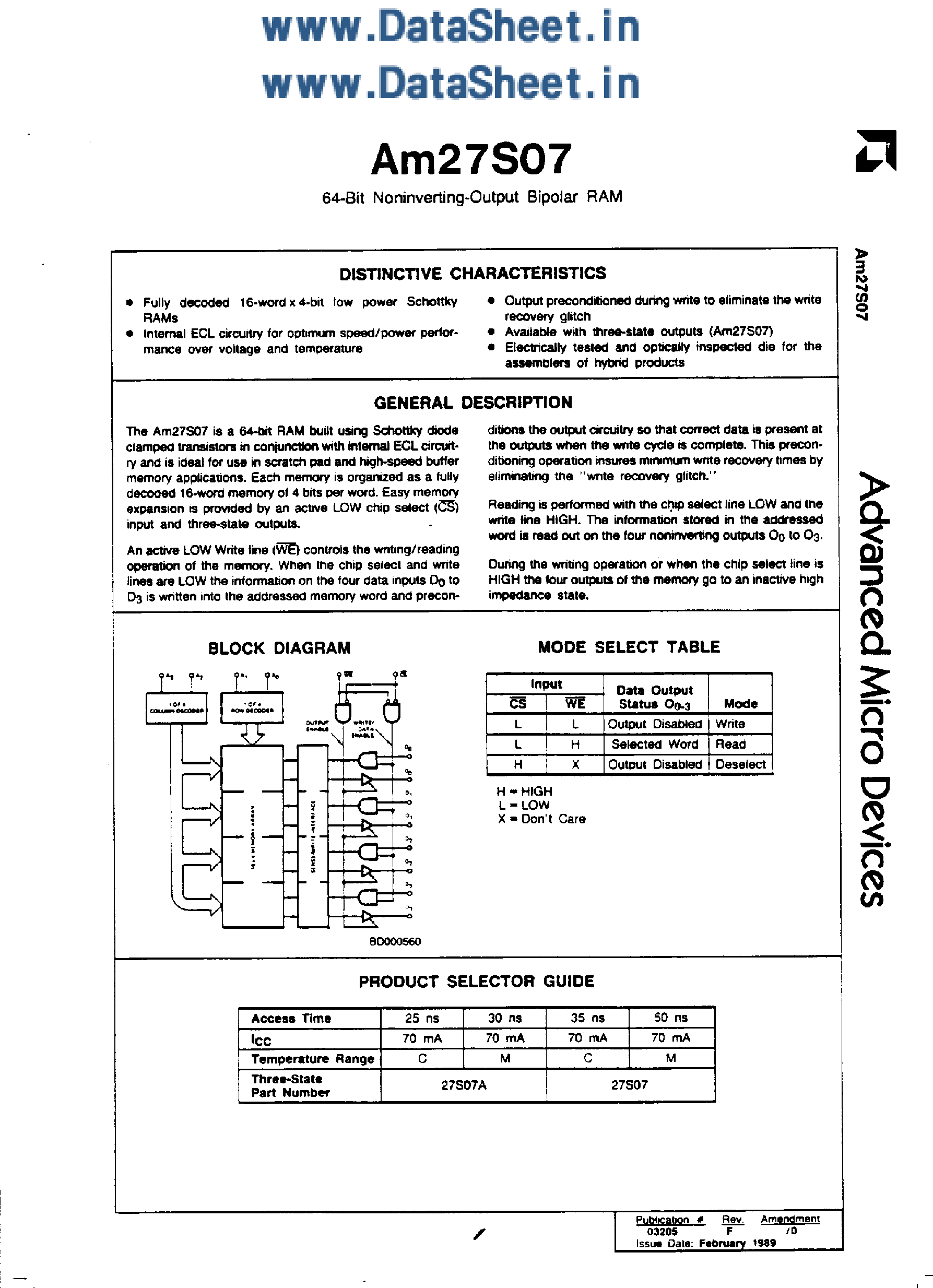 Datasheet AM27S07 - 64-Bit NonInverting-Output Bipolar RAM page 1