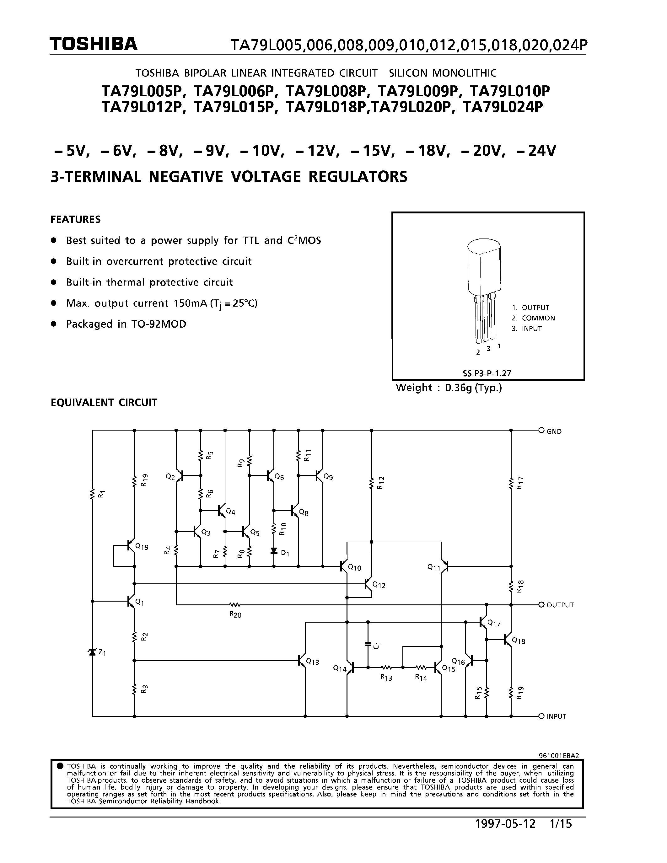 Datasheet TA79L005P - (TA79L0xxx) 3-TERMINAL NEGATIVE VOLTAGE REGULATORS page 1