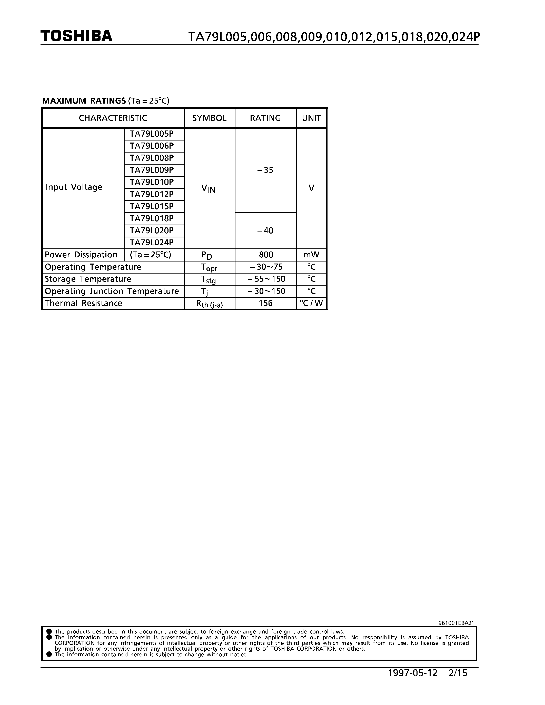 Datasheet TA79L005P - (TA79L0xxx) 3-TERMINAL NEGATIVE VOLTAGE REGULATORS page 2