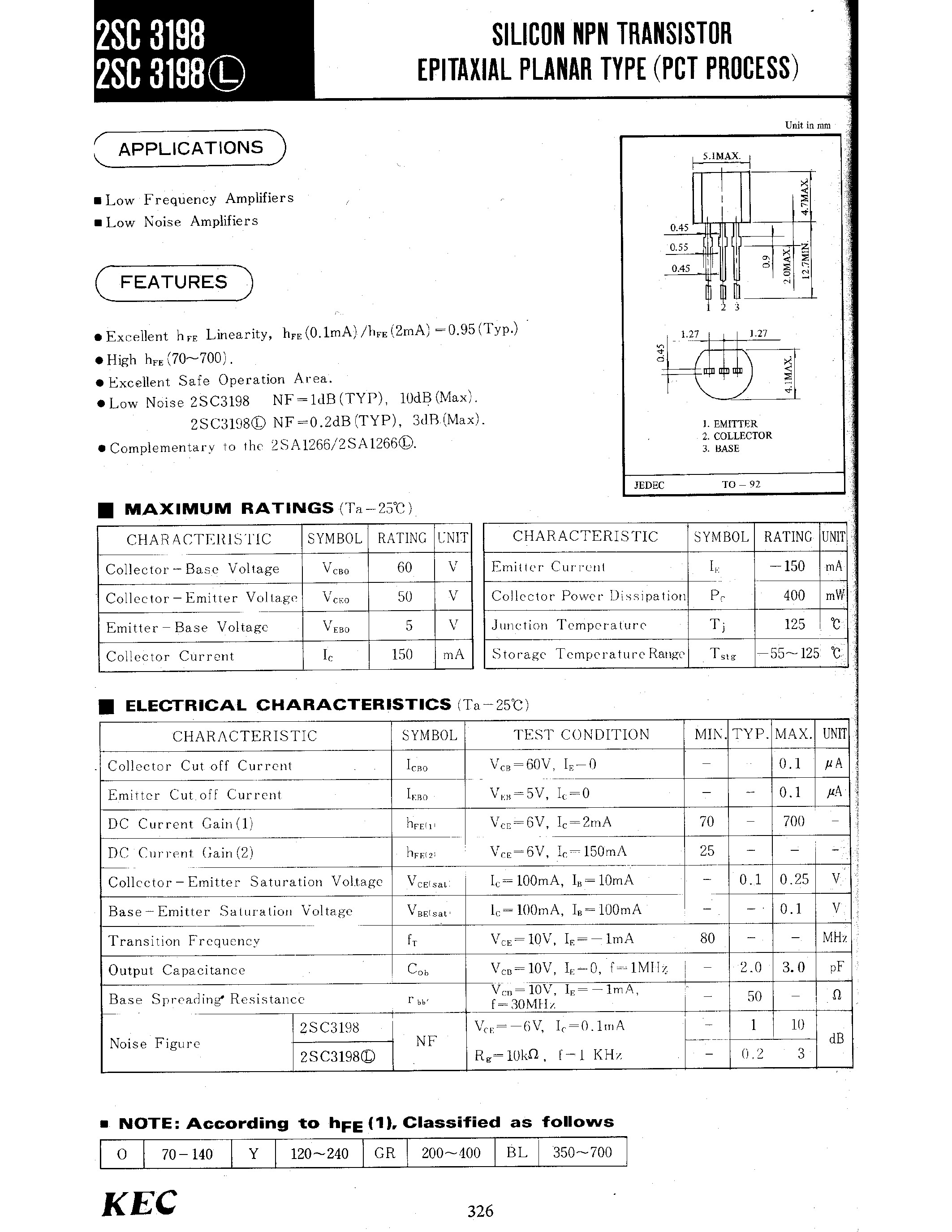Datasheet 2SC3198 - SILICON NPN TRANSISTOR EPITAXIAL PLANAR TYPE(PCT PROCESS) page 1