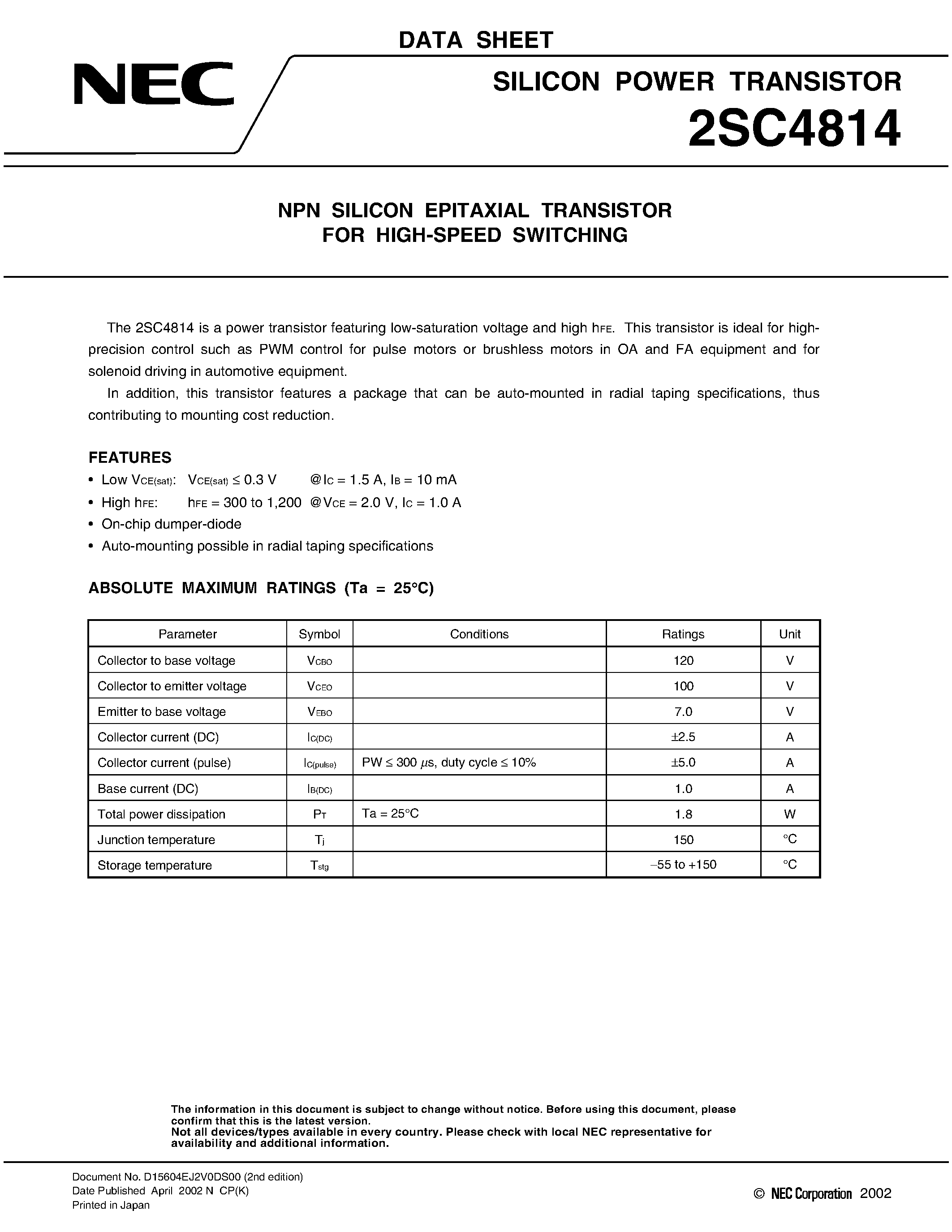 Datasheet 2SC4814 - NPN SILICON EPITAXIAL TRANSISTOR FOR HIGH-SPEED SWITCHING page 1