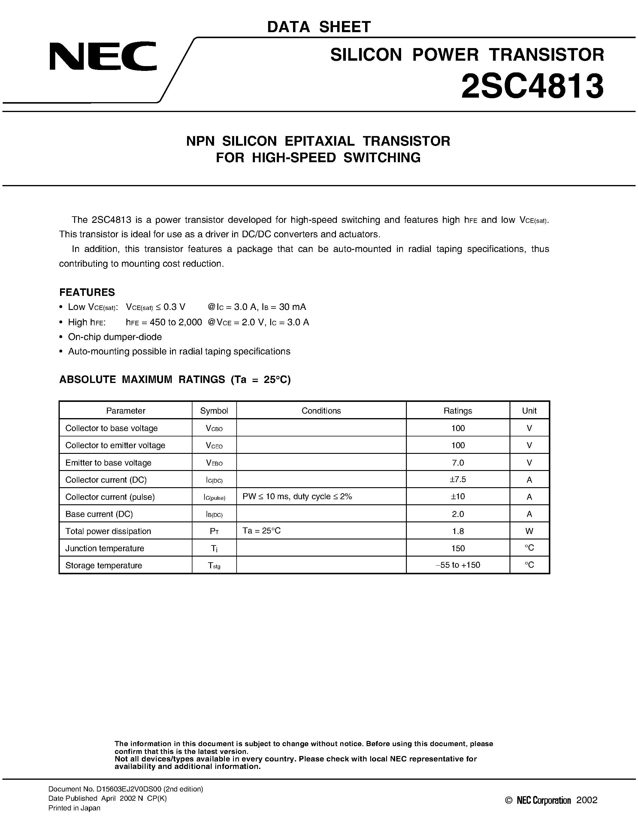 Datasheet 2SC4813 - NPN SILICON EPITAXIAL TRANSISTOR FOR HIGH-SPEED SWITCHING page 1