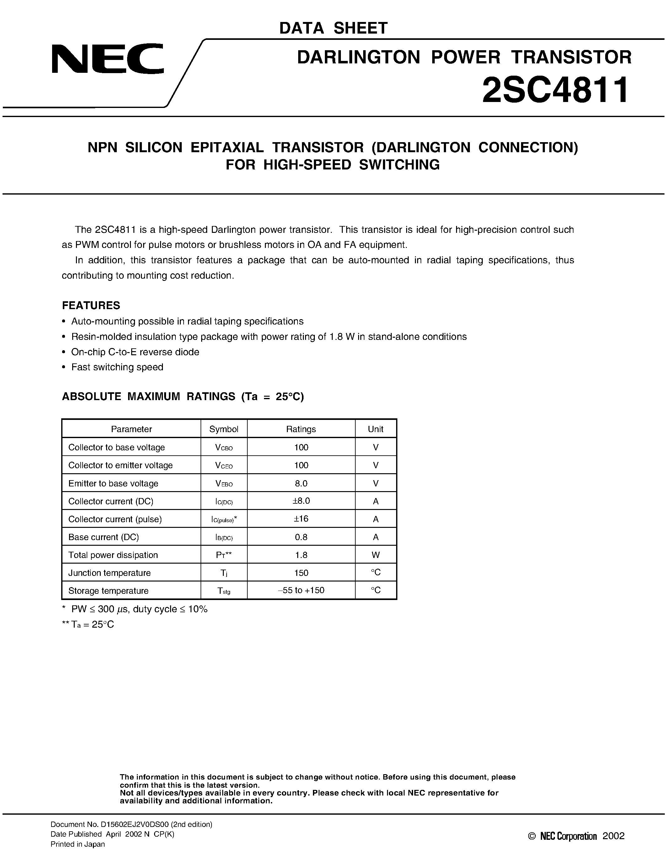 Datasheet 2SC4811 - NPN SILICON EPITAXIAL TRANSISTOR FOR HIGH-SPEED SWITCHING page 1