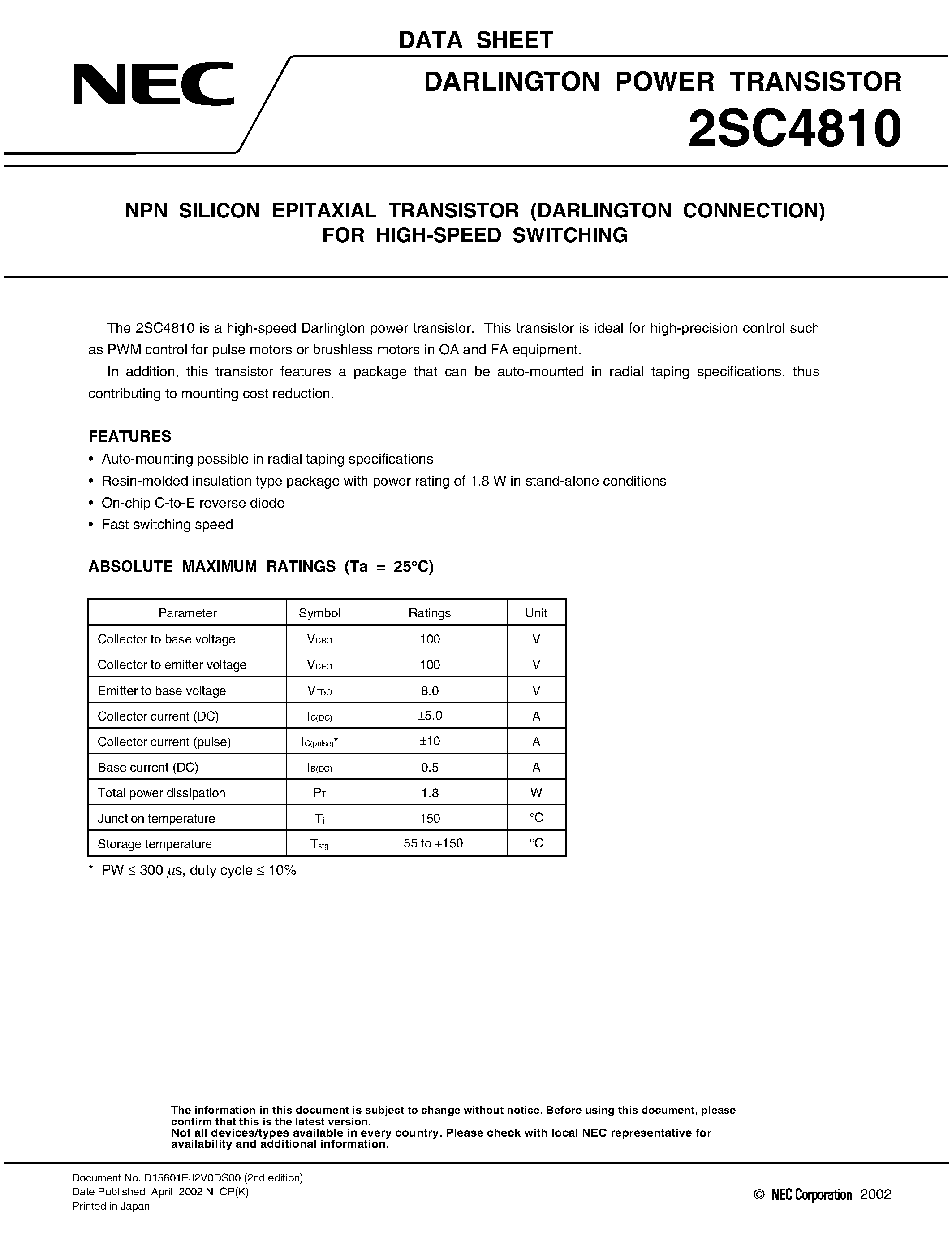 Datasheet 2SC4810 - NPN SILICON EPITAXIAL TRANSISTOR FOR HIGH-SPEED SWITCHING page 1