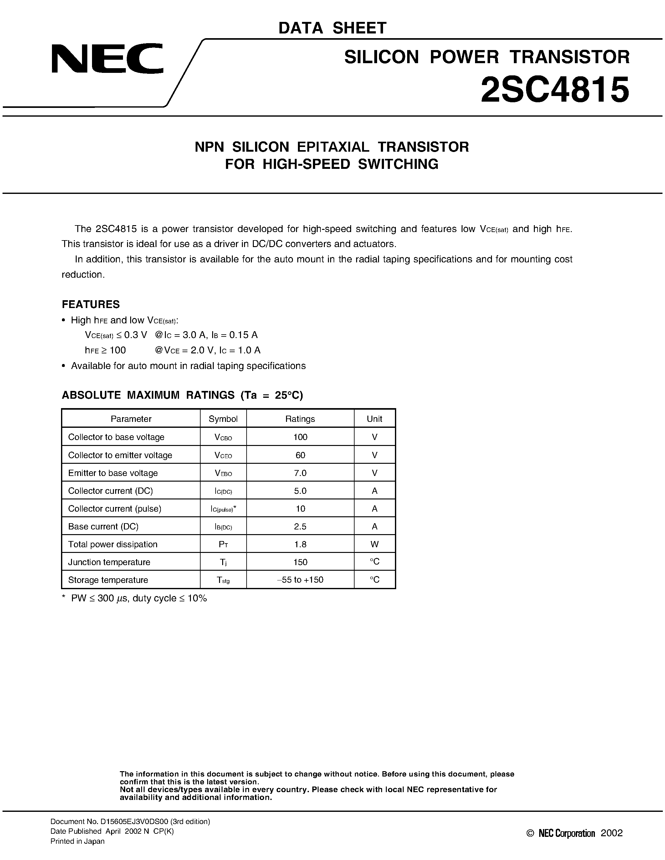 Datasheet 2SC4815 - NPN SILICON EPITAXIAL TRANSISTOR FOR HIGH-SPEED SWITCHING page 1