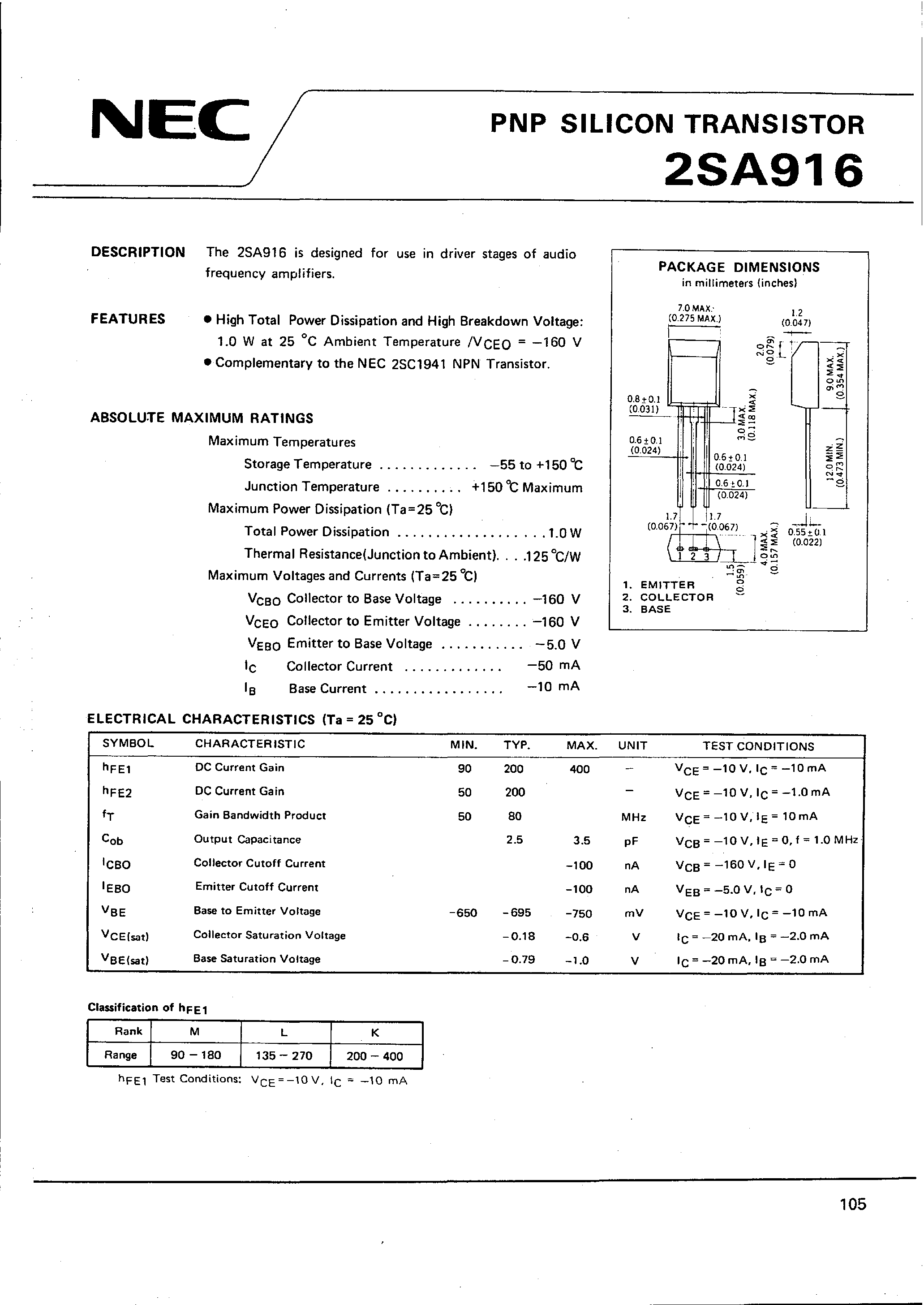 Datasheet 2SA916 - PNP SILICON TRANSISTOR page 1